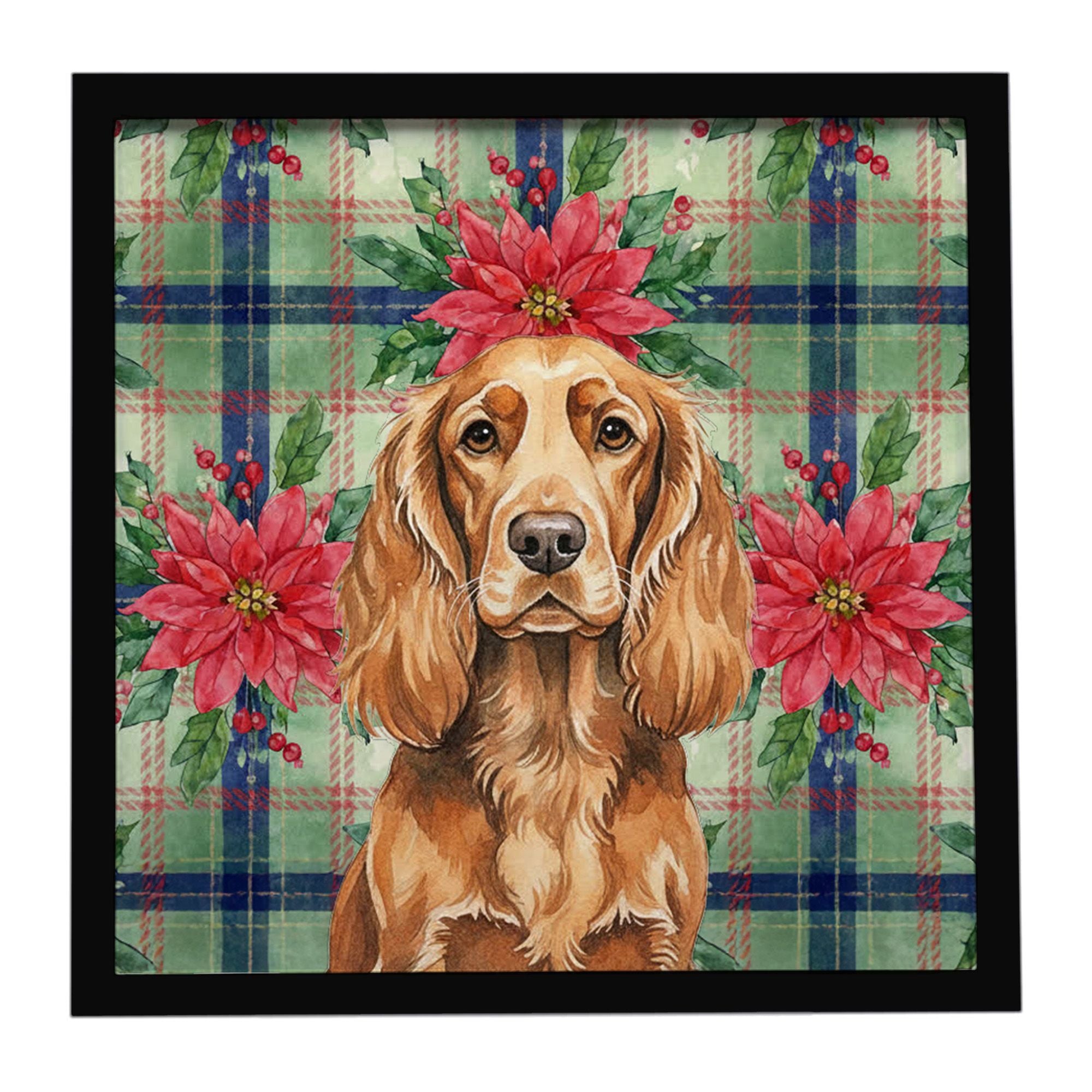 Sussex Spaniel Christmas PoinsettIas Framed Metal Print Bathroom, Kitchen, Office, Home Decor Wall Art Ready to Hang, Square, 8X