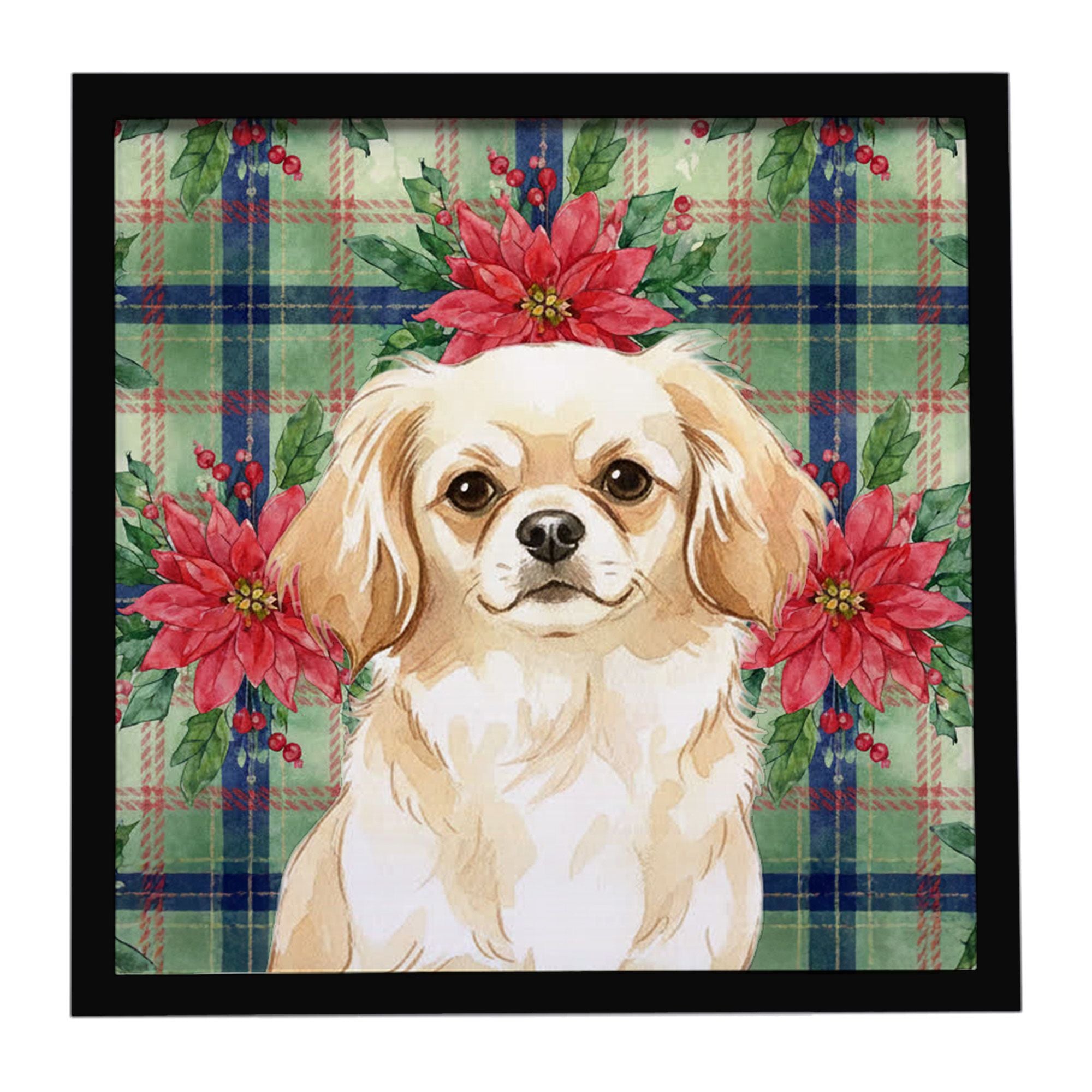 Cream Tibetan Spaniel Christmas PoinsettIas Framed Metal Print Bathroom, Kitchen, Office, Home Decor Wall Art Ready to Hang, Squ