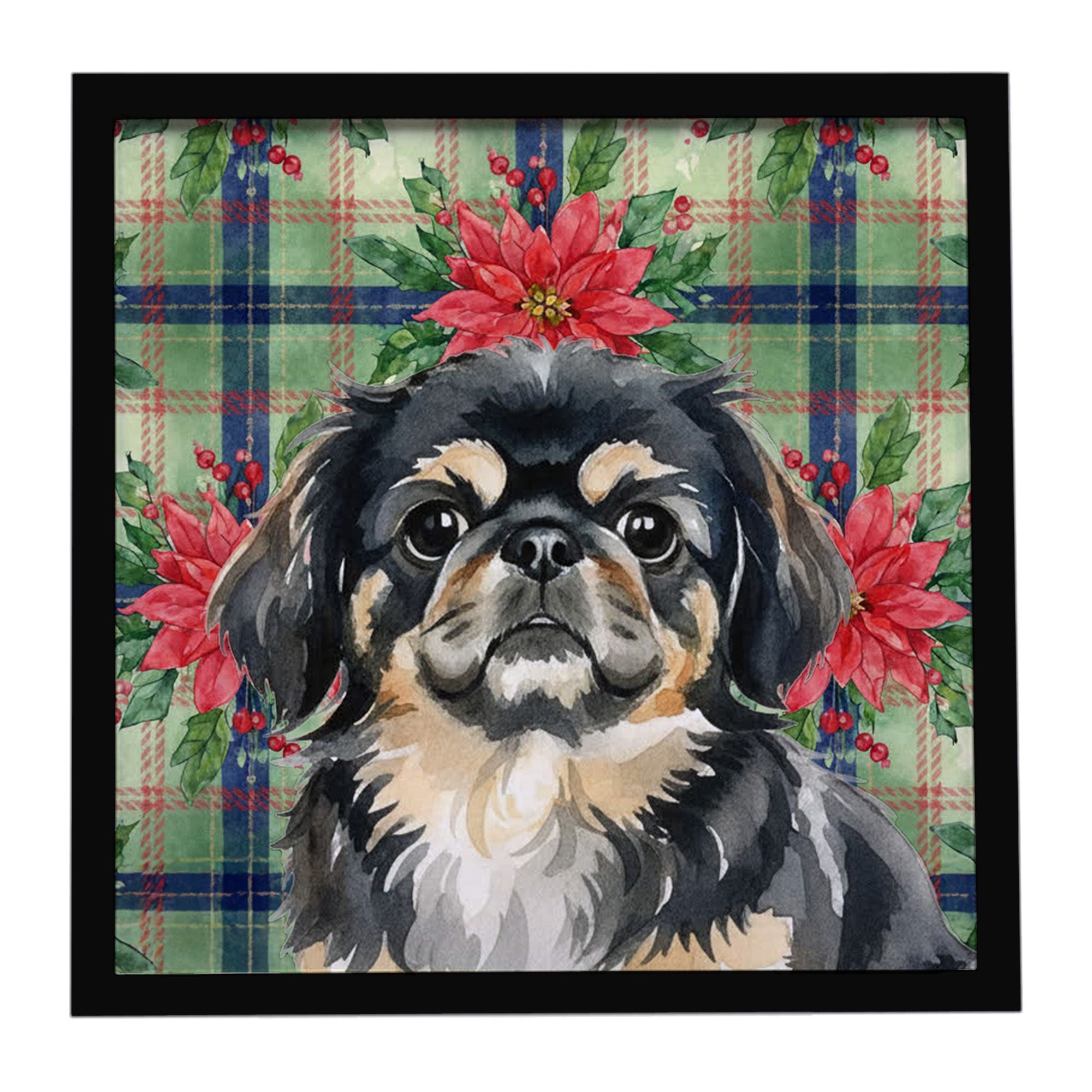 Black and Tan Pekingese Christmas PoinsettIas Framed Metal Print Bathroom, Kitchen, Office, Home Decor Wall Art Ready to Hang, S
