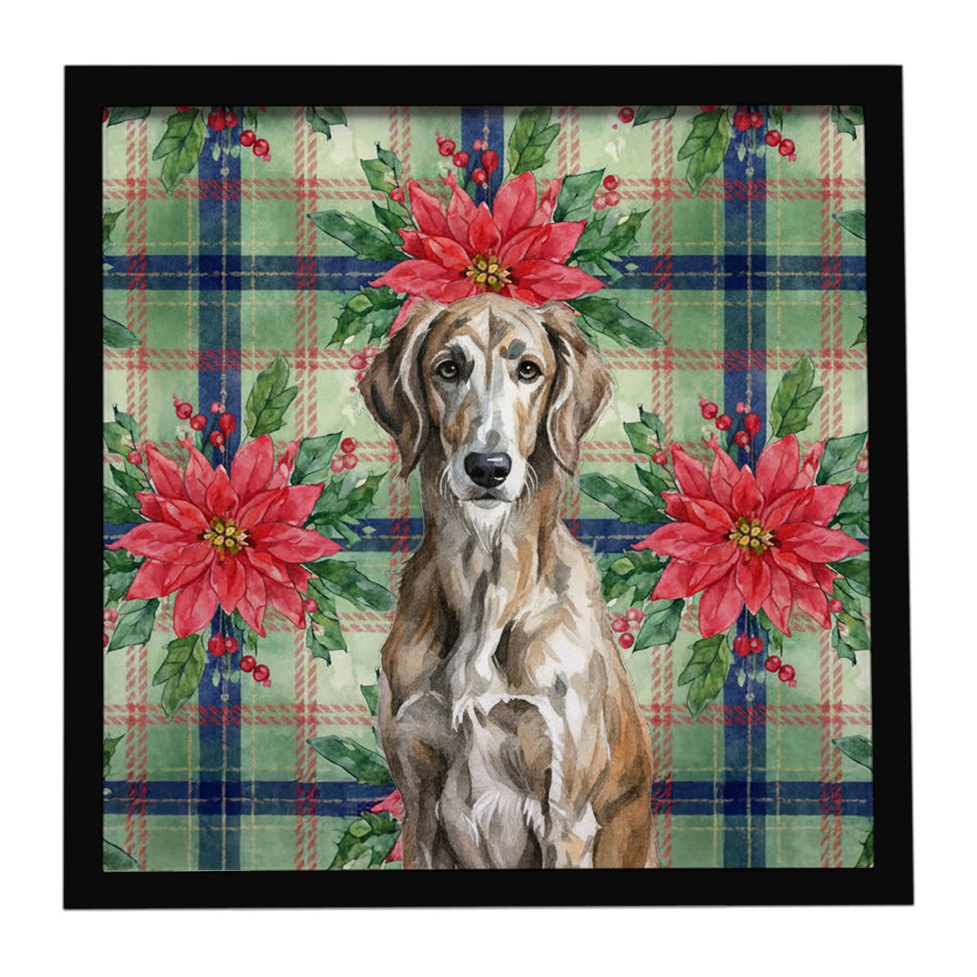 Brindle Scottish Deerhound Christmas PoinsettIas Framed Metal Print Bathroom, Kitchen, Office, Home Decor Wall Art Ready to Hang