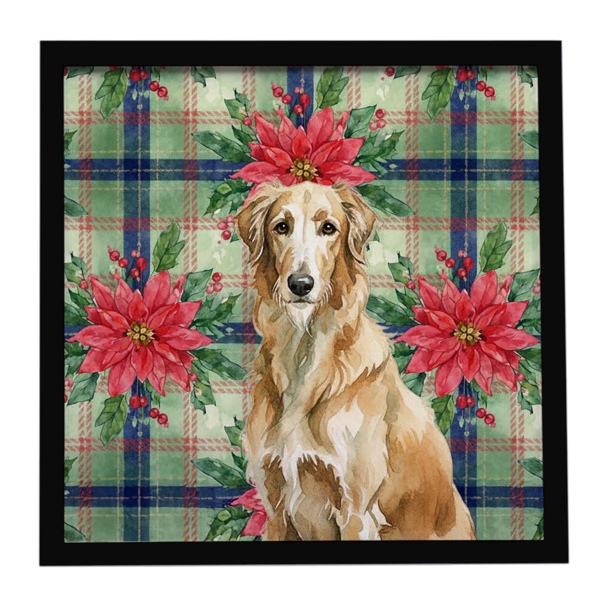 Wheaten Scottish Deerhound Christmas PoinsettIas Framed Metal Print Bathroom, Kitchen, Office, Home Decor Wall Art Ready to Hang
