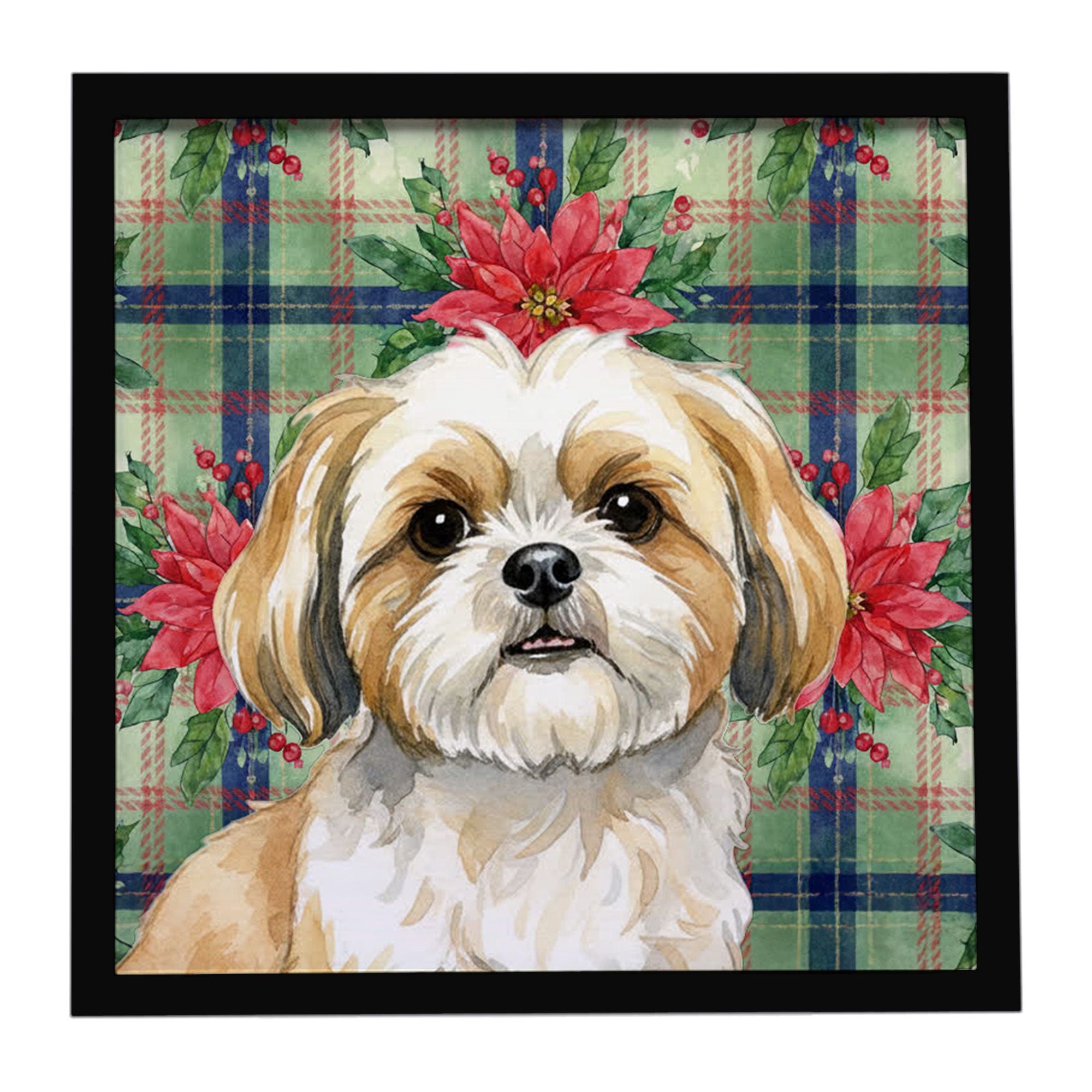 Gold and White Shih Tzu Christmas PoinsettIas Framed Metal Print Bathroom, Kitchen, Office, Home Decor Wall Art Ready to Hang, S