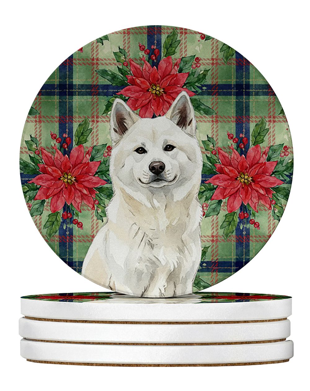 White Akita Christmas PoinsettIas Large Sandstone Coasters Pack of 4 Absorbent Round Coasters Decor Gifts for Men or Women, 4 in