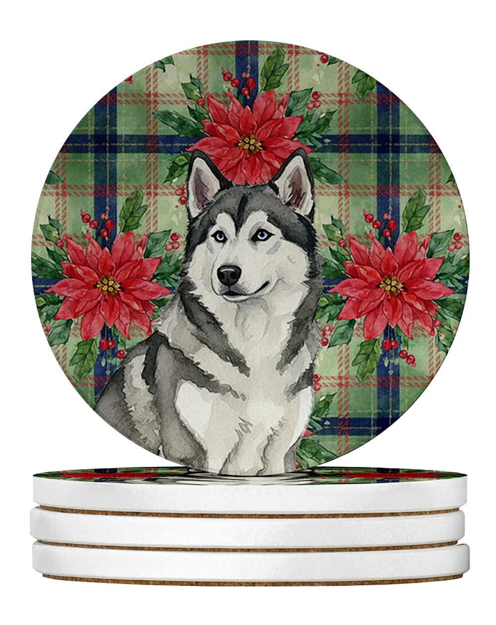 Gray and White Alaskan Malamute Christmas PoinsettIas Large Sandstone Coasters Pack of 4 Absorbent Round Coasters Decor Gifts fo
