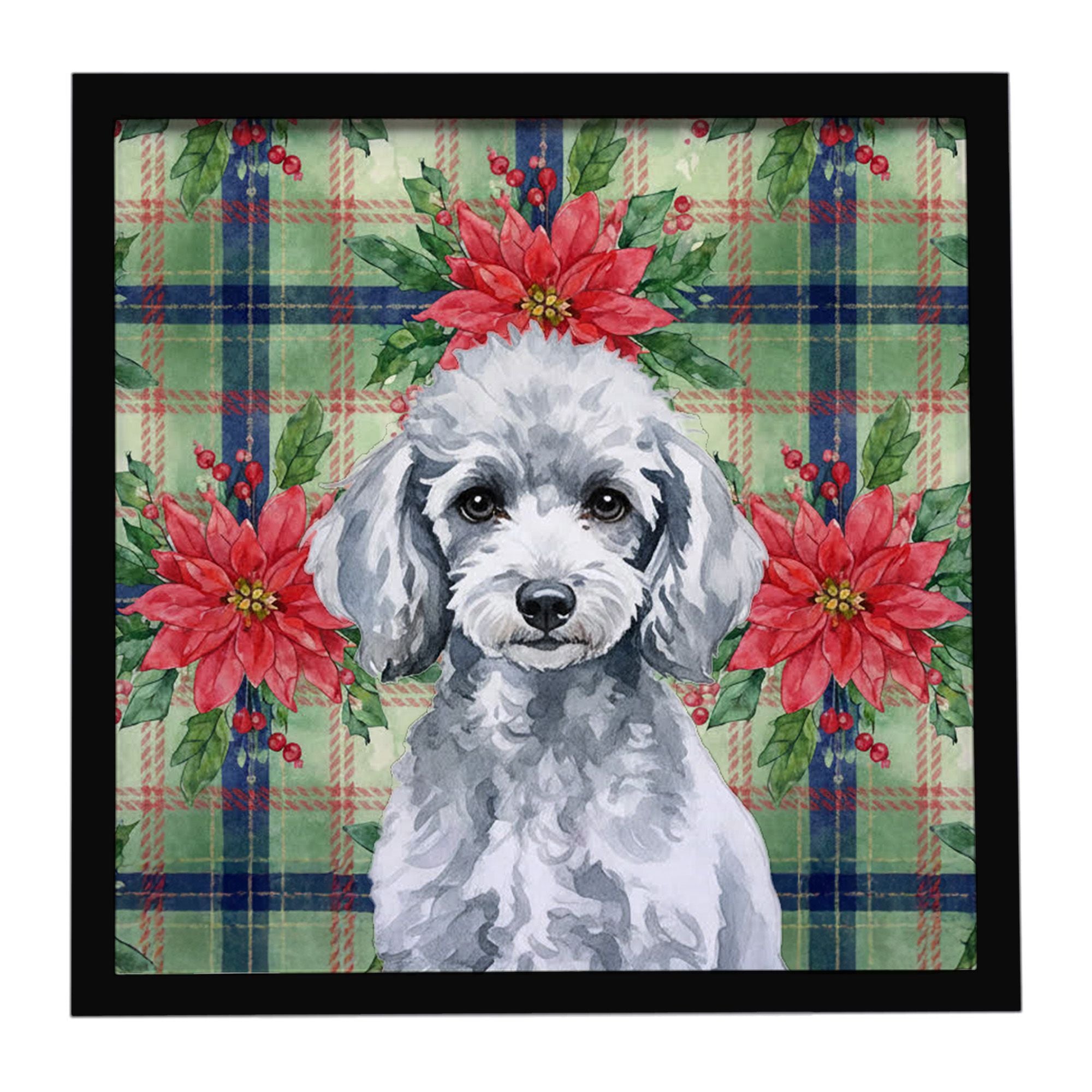 Miniature Silver Poodle Christmas PoinsettIas Framed Metal Print Bathroom, Kitchen, Office, Home Decor Wall Art Ready to Hang, S