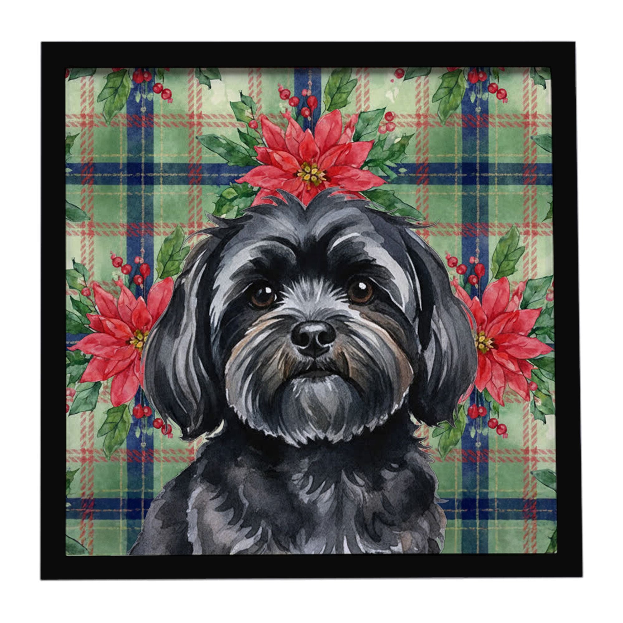 Black Lhasa Apso Christmas PoinsettIas Framed Metal Print Bathroom, Kitchen, Office, Home Decor Wall Art Ready to Hang, Square, 