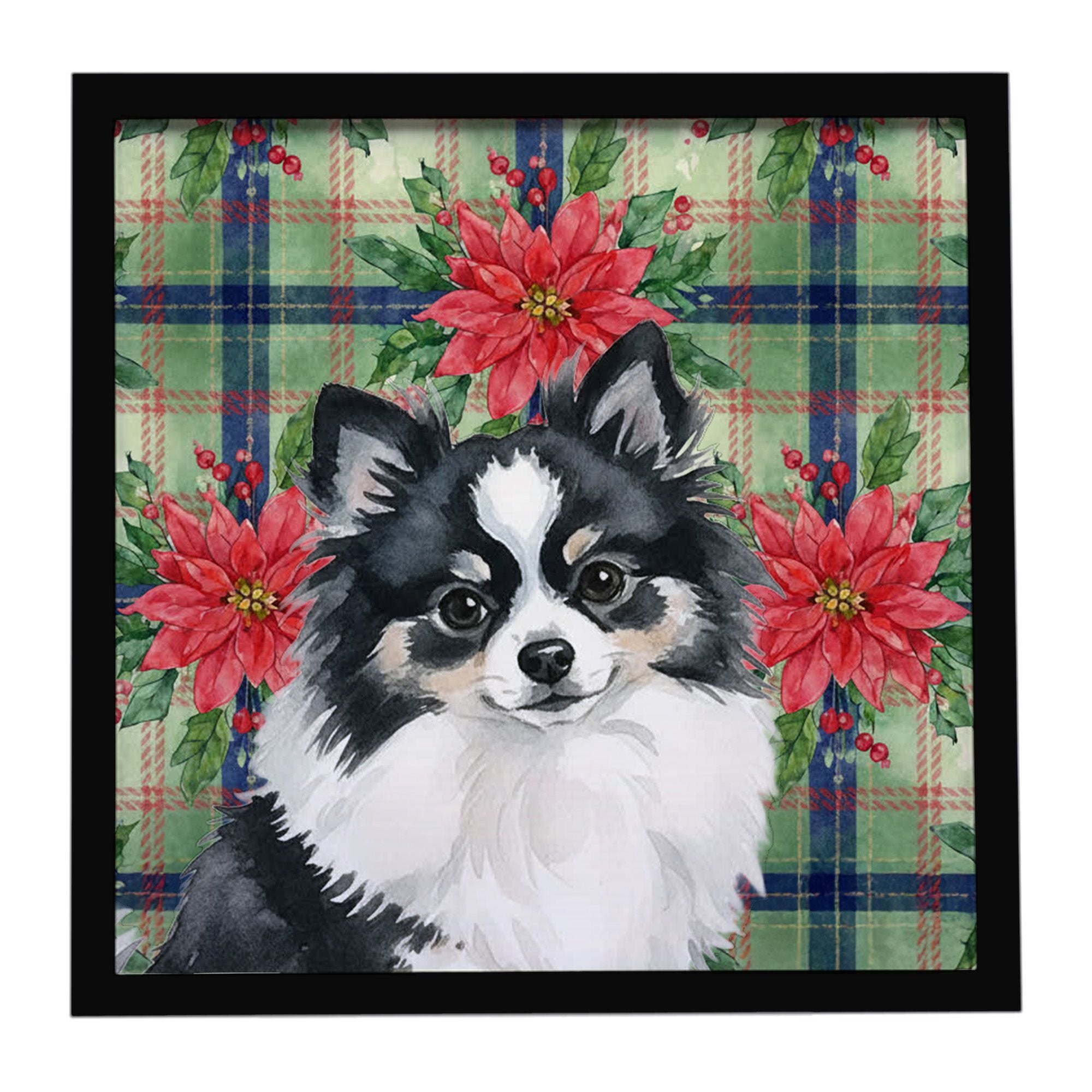 Black and White Pomeranian Christmas PoinsettIas Framed Metal Print Bathroom, Kitchen, Office, Home Decor Wall Art Ready to Hang
