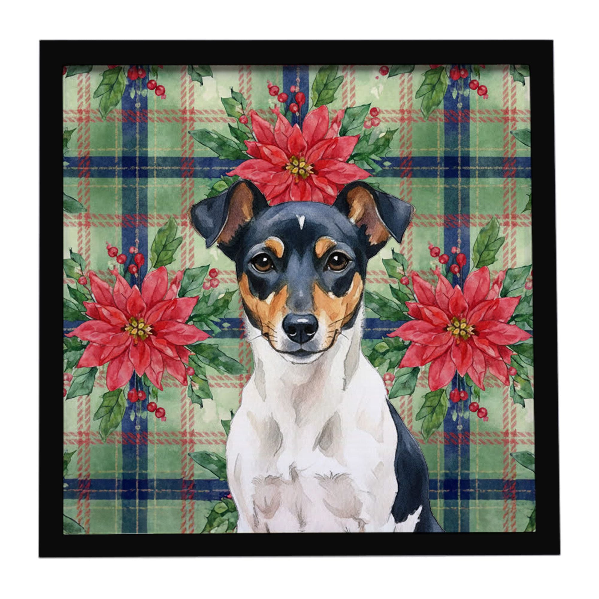 Tricolor Rat Terrier Christmas PoinsettIas Framed Metal Print Bathroom, Kitchen, Office, Home Decor Wall Art Ready to Hang, Squa