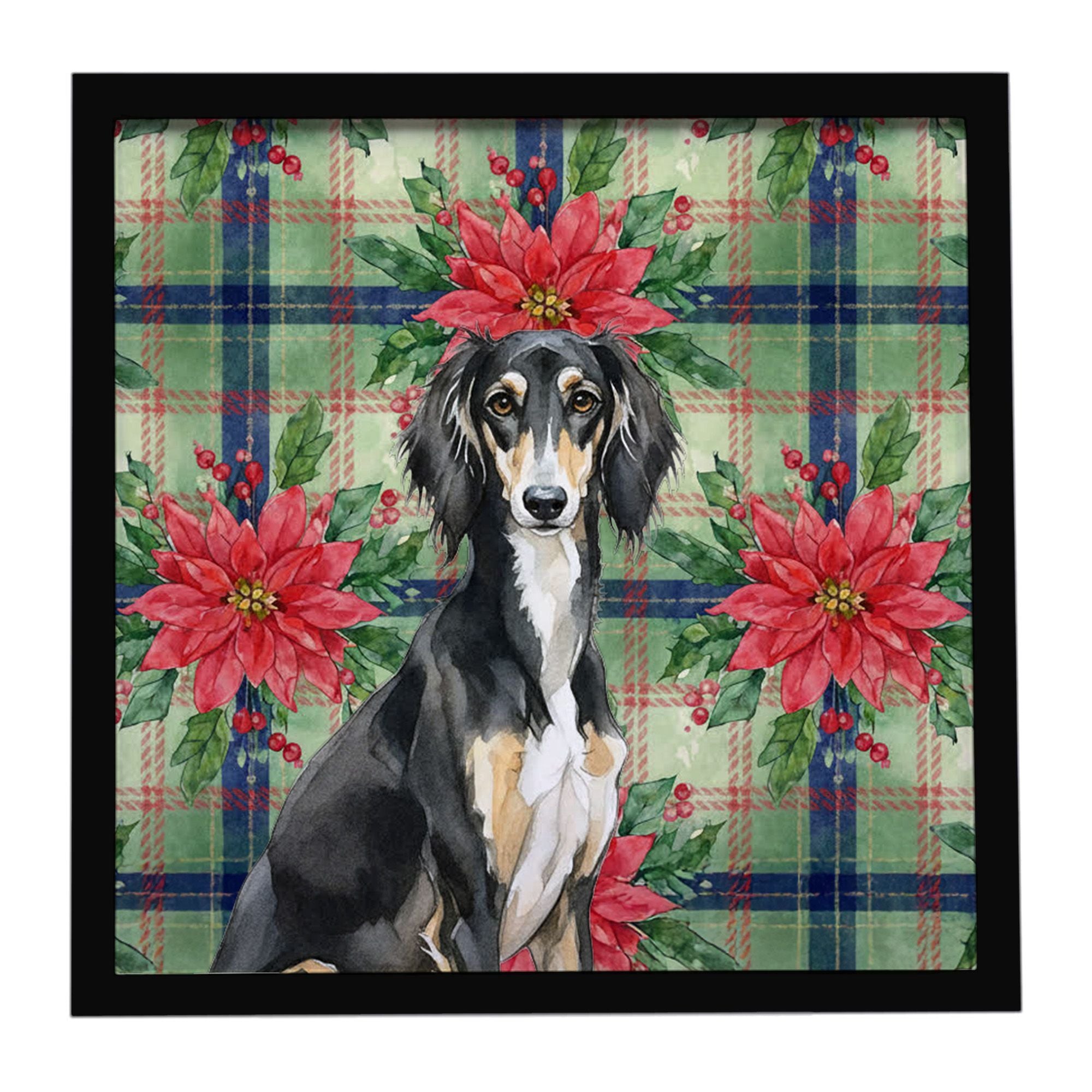 Black and Tan Saluki Christmas PoinsettIas Framed Metal Print Bathroom, Kitchen, Office, Home Decor Wall Art Ready to Hang, Squa