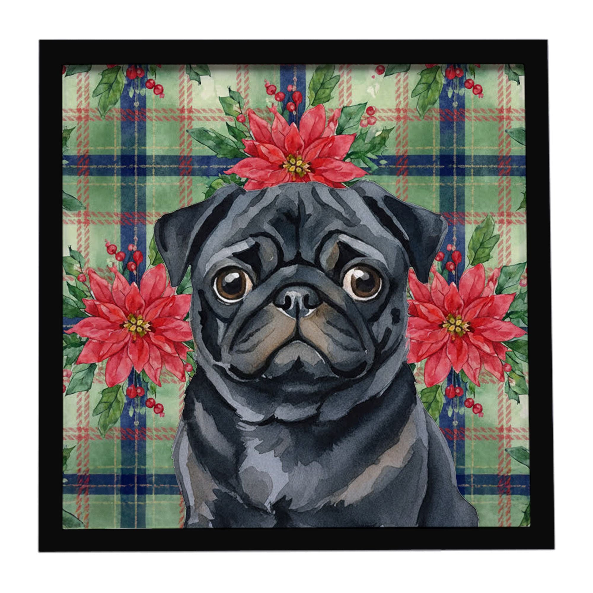 Black Pug Christmas PoinsettIas Framed Metal Print Bathroom, Kitchen, Office, Home Decor Wall Art Ready to Hang, Square, 8X8