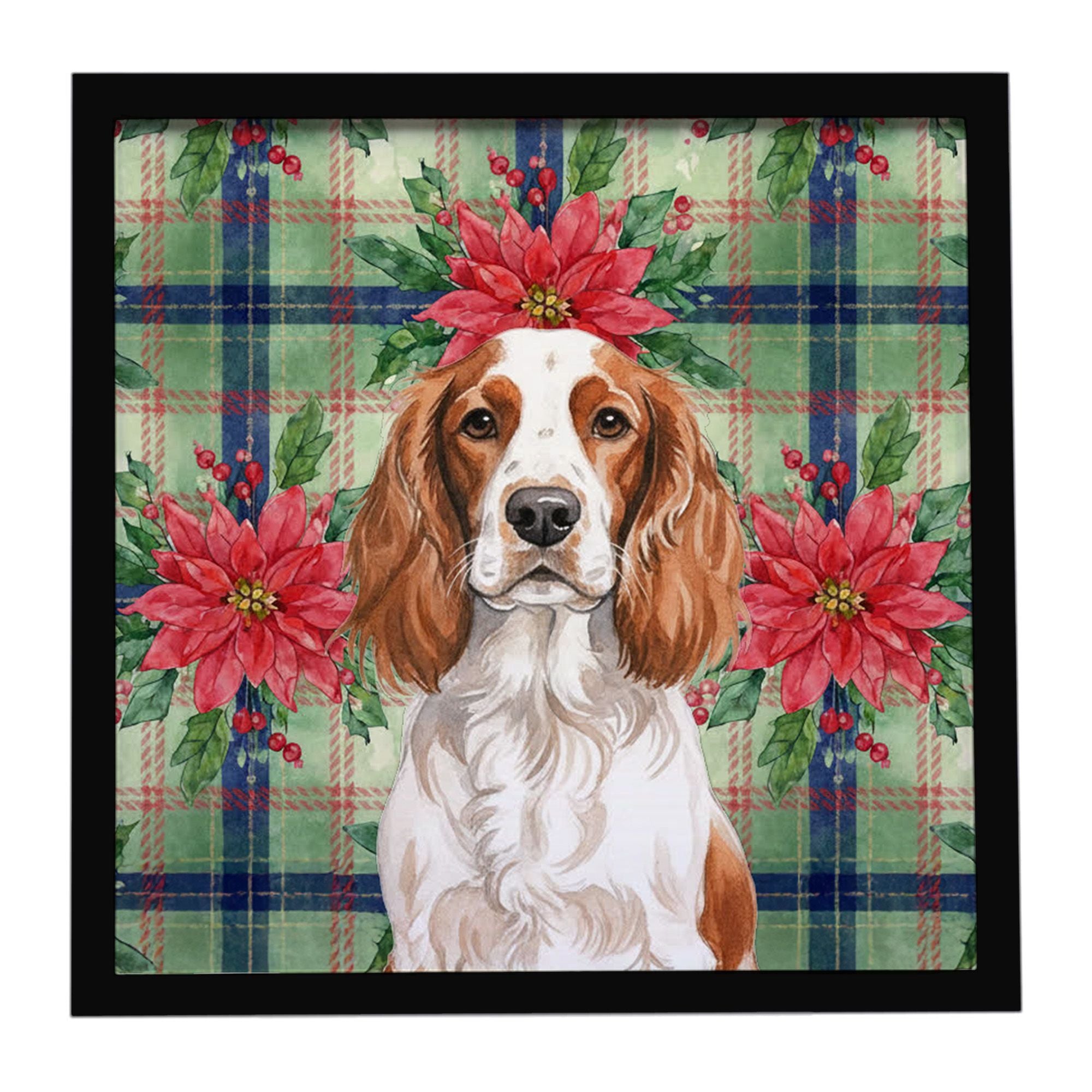 Welsh Springer Spaniel Christmas PoinsettIas Framed Metal Print Bathroom, Kitchen, Office, Home Decor Wall Art Ready to Hang, Sq