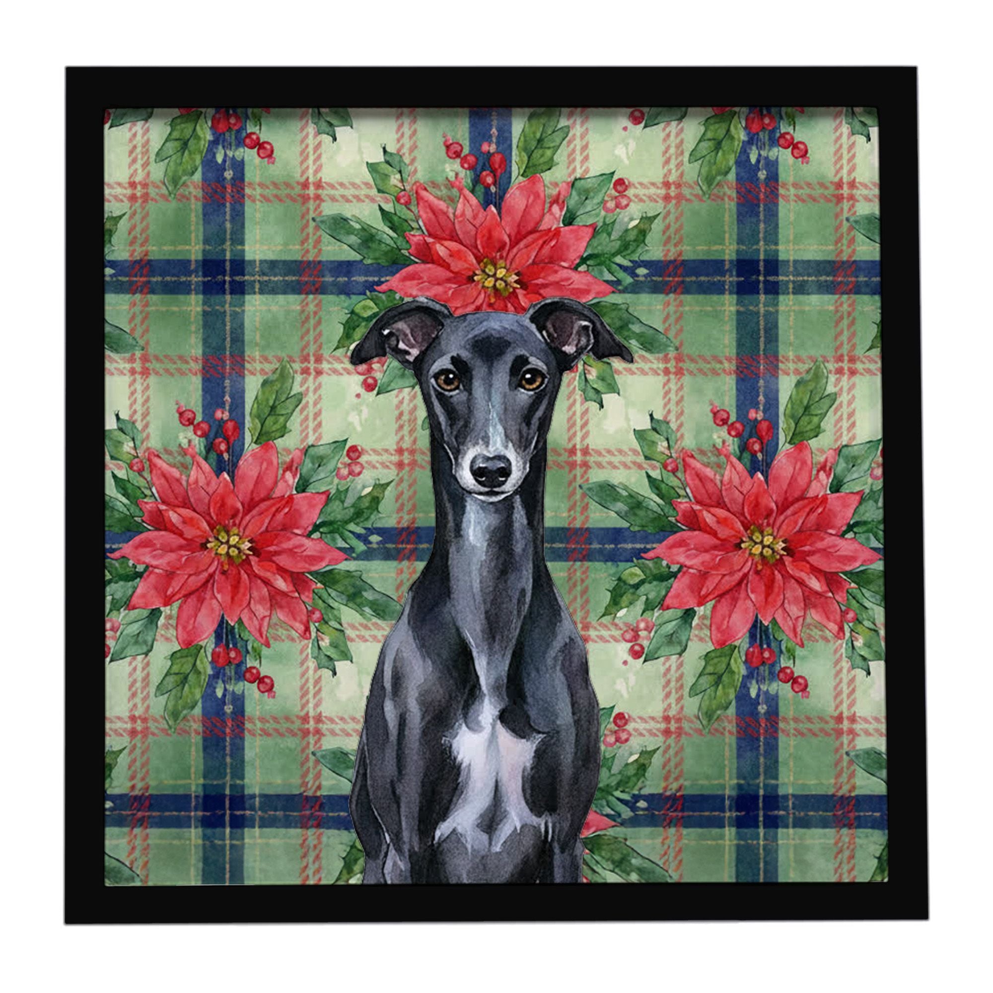 Black Whippet Christmas PoinsettIas Framed Metal Print Bathroom, Kitchen, Office, Home Decor Wall Art Ready to Hang, Square, 8X8