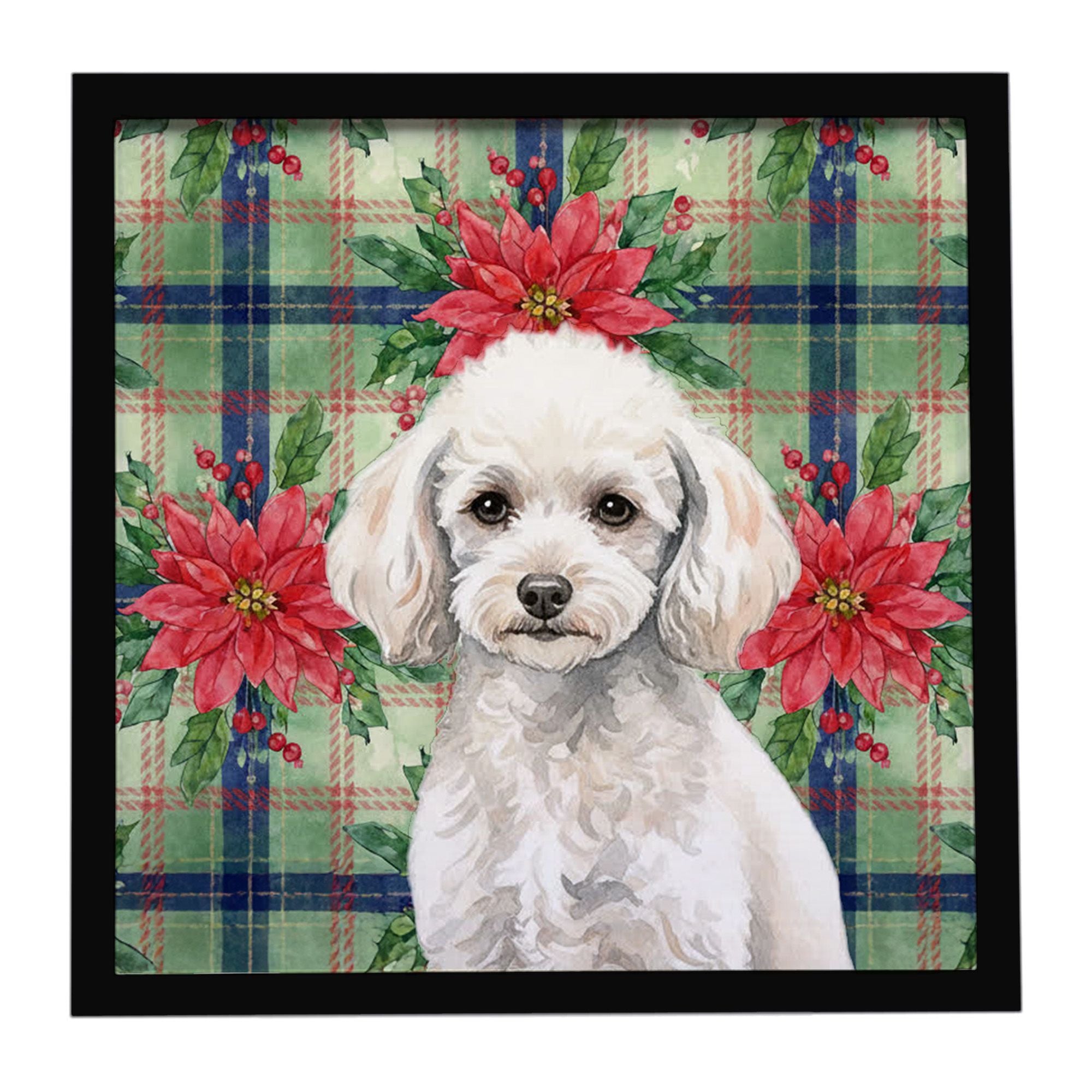 Miniature White Poodle Christmas PoinsettIas Framed Metal Print Bathroom, Kitchen, Office, Home Decor Wall Art Ready to Hang, Sq