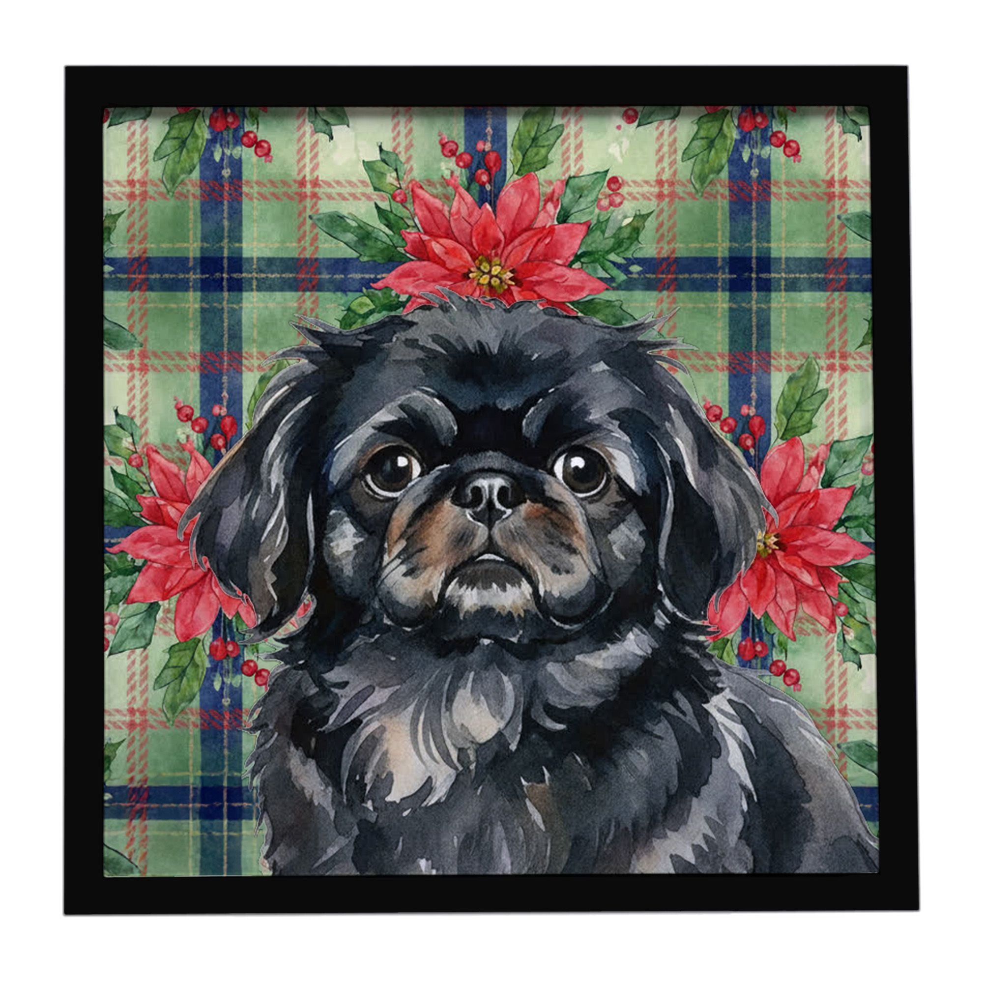 Black Pekingese Christmas PoinsettIas Framed Metal Print Bathroom, Kitchen, Office, Home Decor Wall Art Ready to Hang, Square, 8