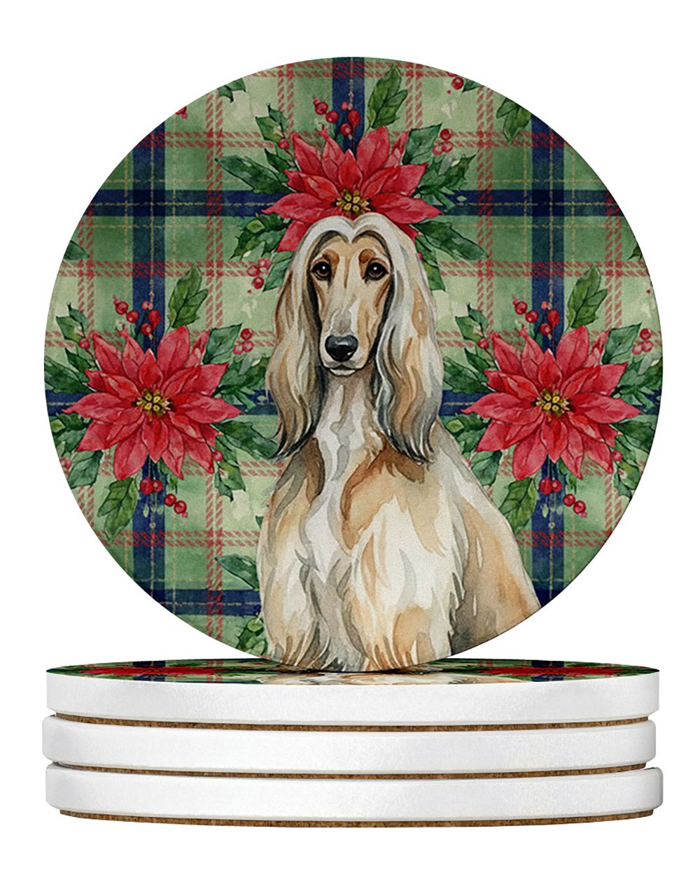 Afghan Hound Christmas PoinsettIas Large Sandstone Coasters Pack of 4 Absorbent Round Coasters Decor Gifts for Men or Women, 4 i