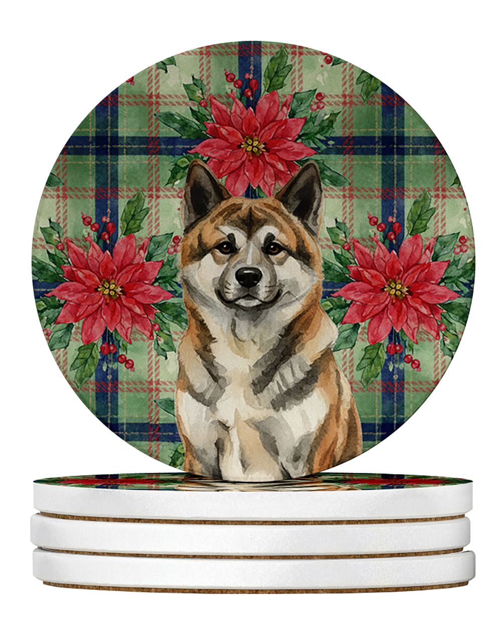Brindle Akita Christmas PoinsettIas Large Sandstone Coasters Pack of 4 Absorbent Round Coasters Decor Gifts for Men or Women, 4 