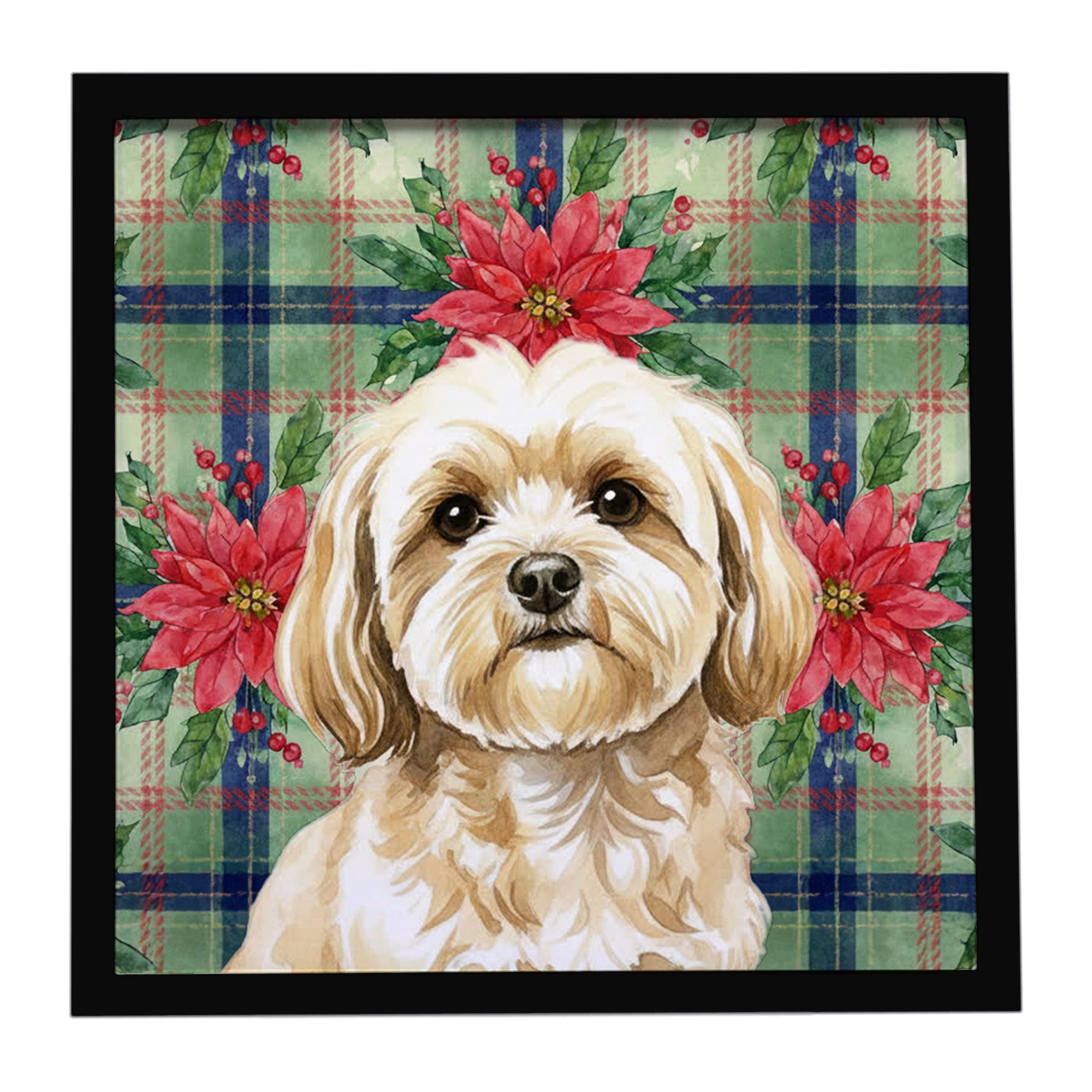 Cream Lhasa Apso Christmas PoinsettIas Framed Metal Print Bathroom, Kitchen, Office, Home Decor Wall Art Ready to Hang, Square, 