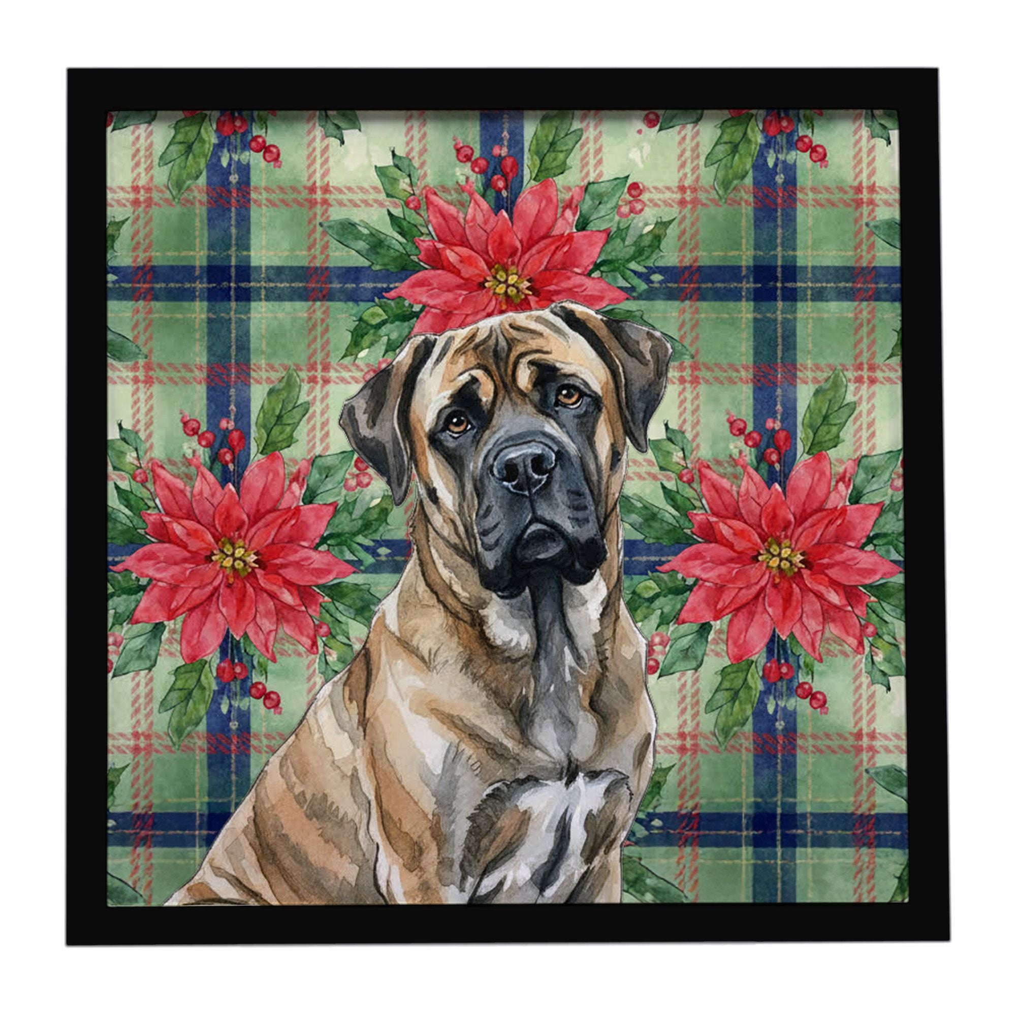 Brindle Mastiff Christmas PoinsettIas Framed Metal Print Bathroom, Kitchen, Office, Home Decor Wall Art Ready to Hang, Square, 8