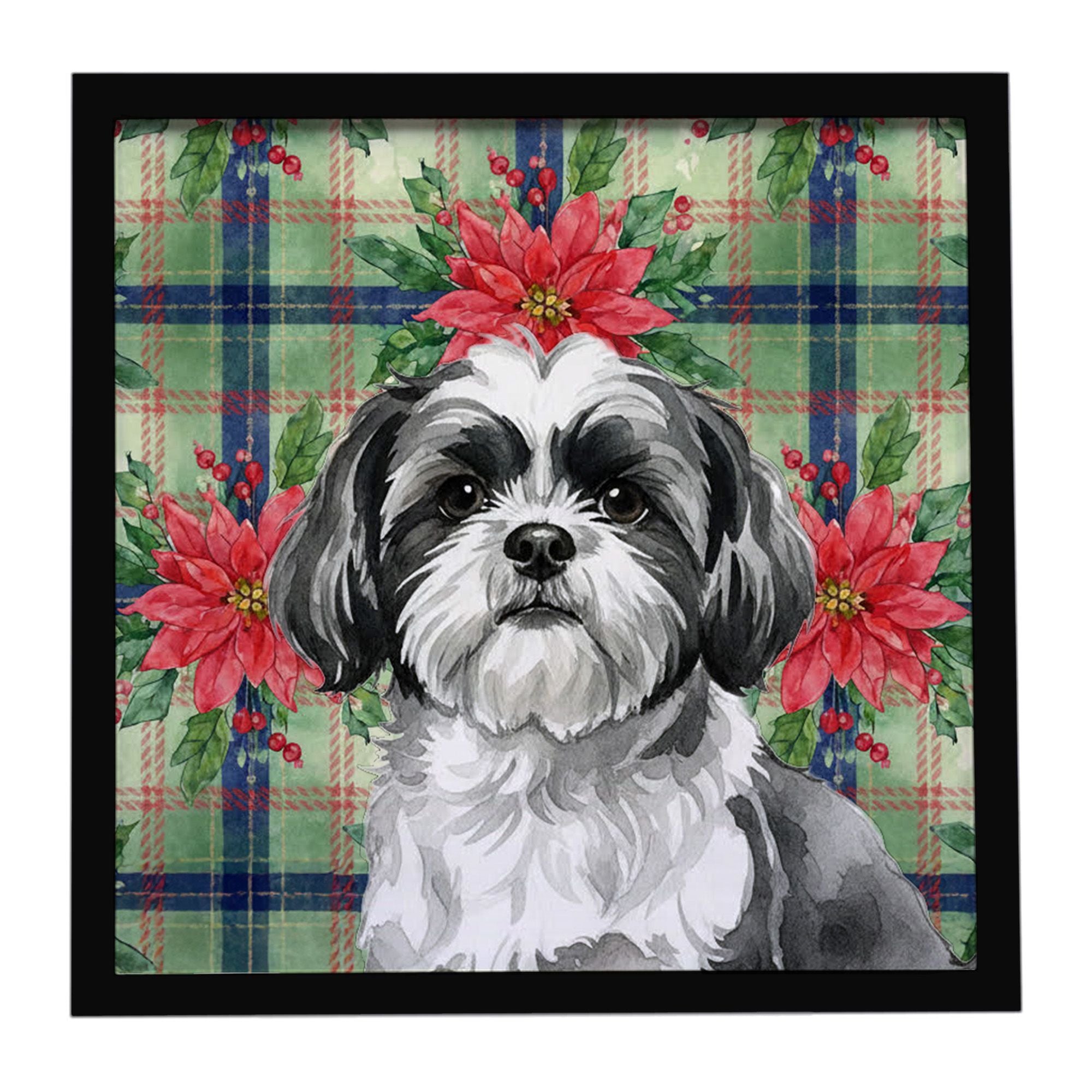 Black and White Shih Tzu Christmas PoinsettIas Framed Metal Print Bathroom, Kitchen, Office, Home Decor Wall Art Ready to Hang, 