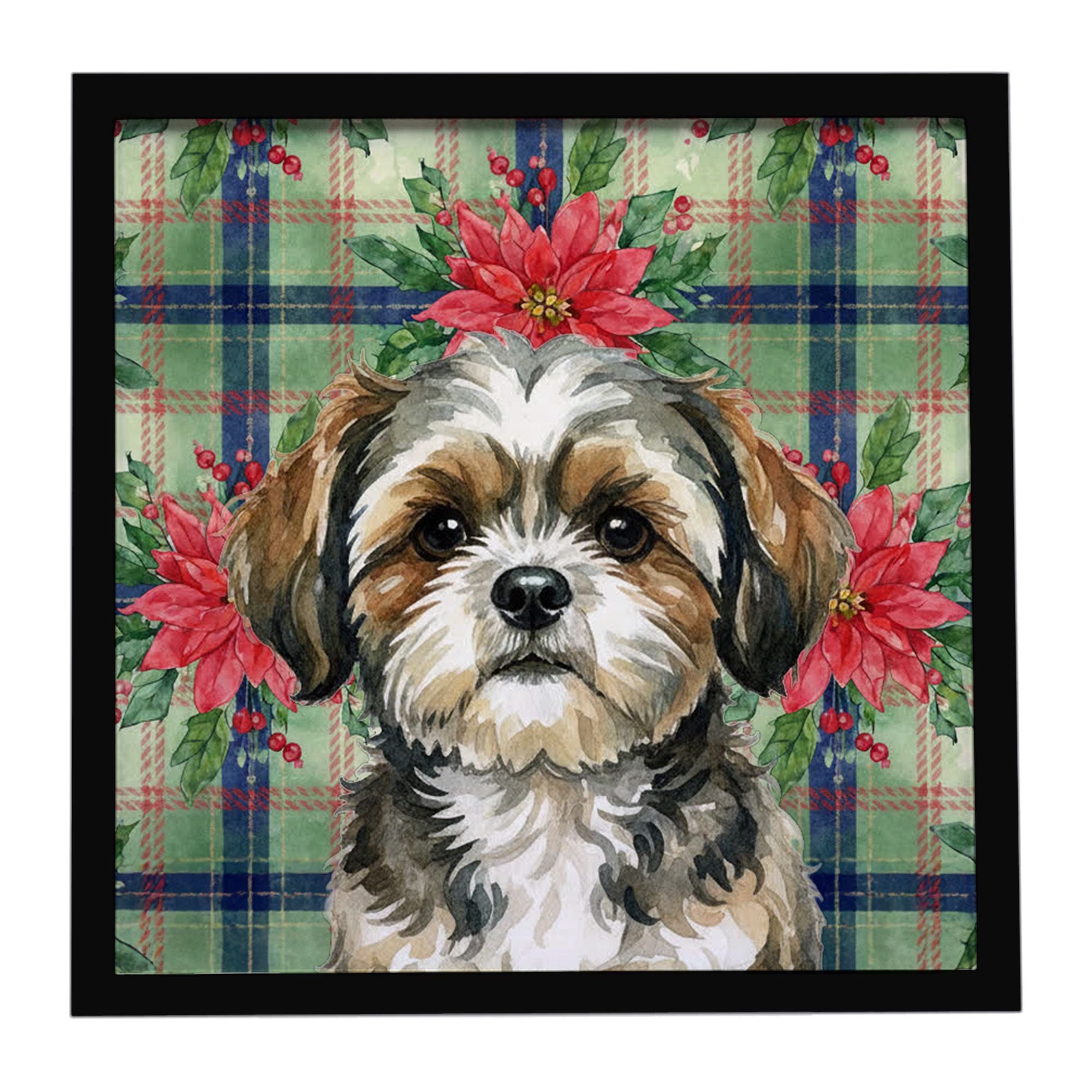 Brindle Shih Tzu Christmas PoinsettIas Framed Metal Print Bathroom, Kitchen, Office, Home Decor Wall Art Ready to Hang, Square, 