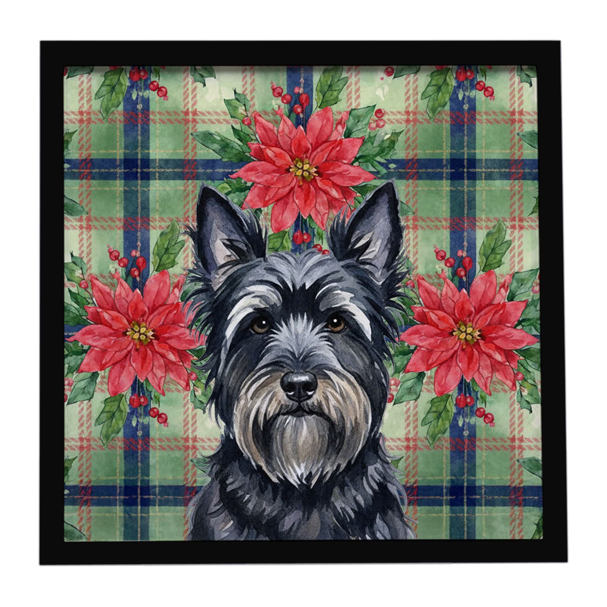 Black Skye Terrier Christmas PoinsettIas Framed Metal Print Bathroom, Kitchen, Office, Home Decor Wall Art Ready to Hang, Square