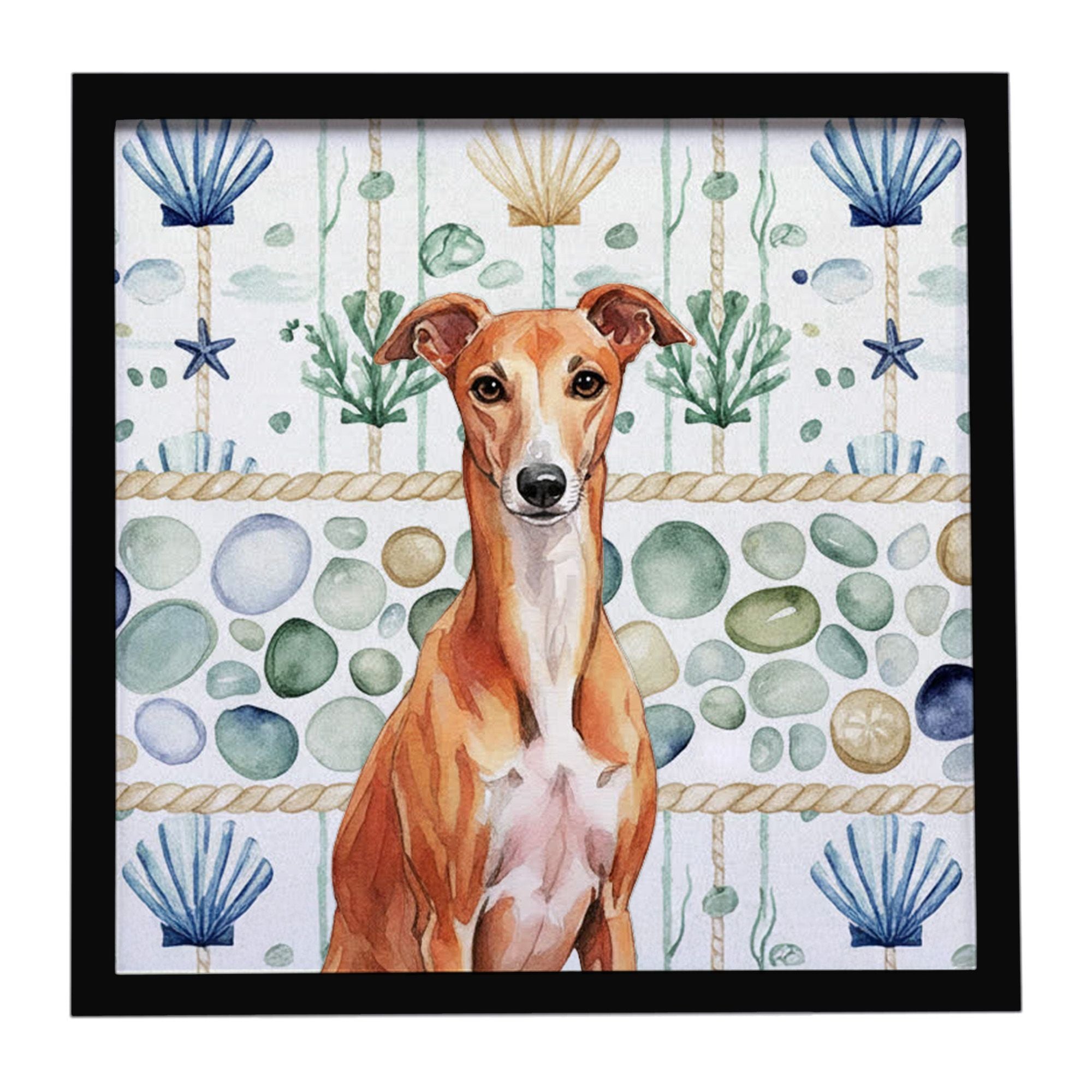 Red Whippet Coastal Sea Glass Framed Metal Print Bathroom, Kitchen, Office, Home Decor Wall Art Ready to Hang, Square, 8X8