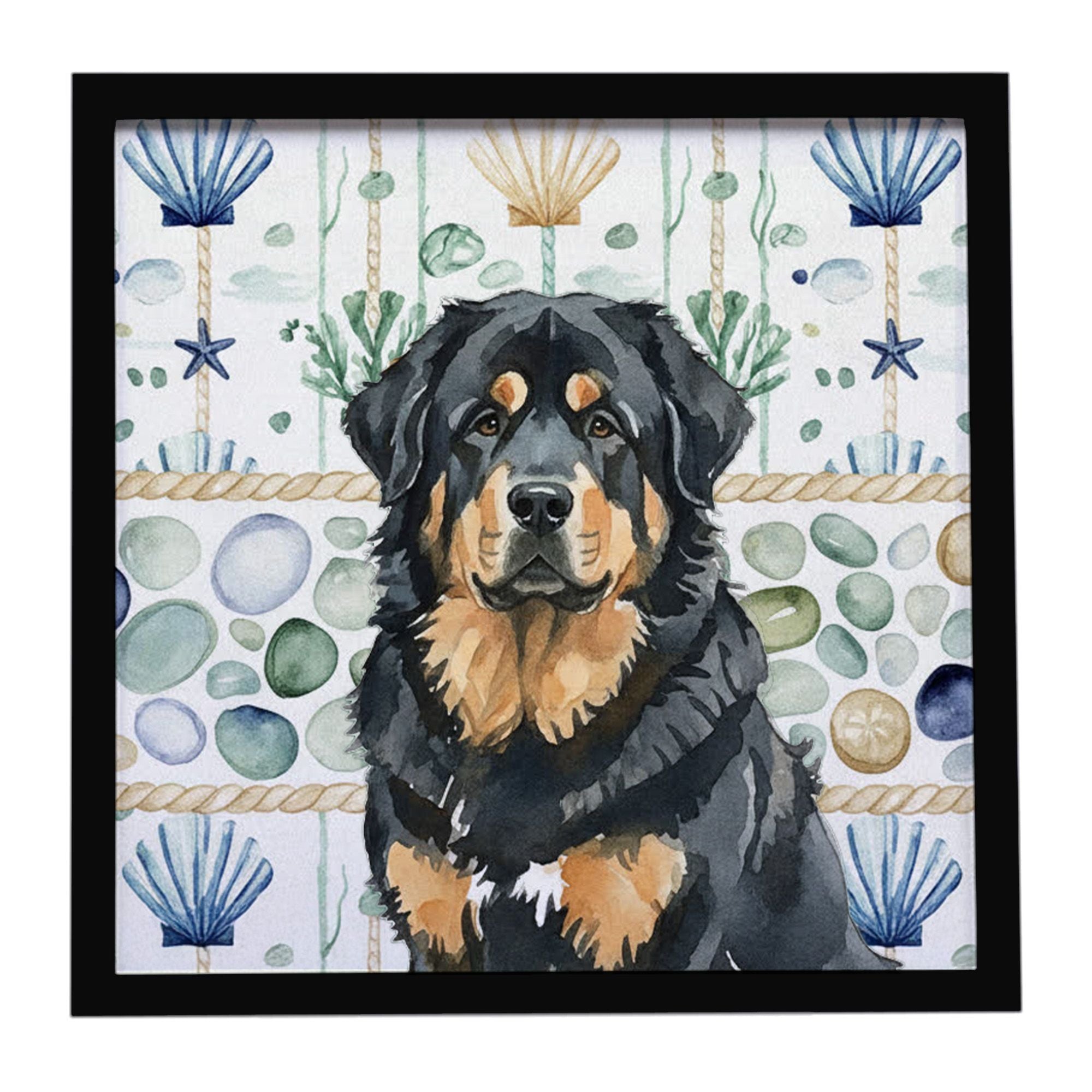 Black and Tan Tibetan Mastiff Coastal Sea Glass Framed Metal Print Bathroom, Kitchen, Office, Home Decor Wall Art Ready to Hang,