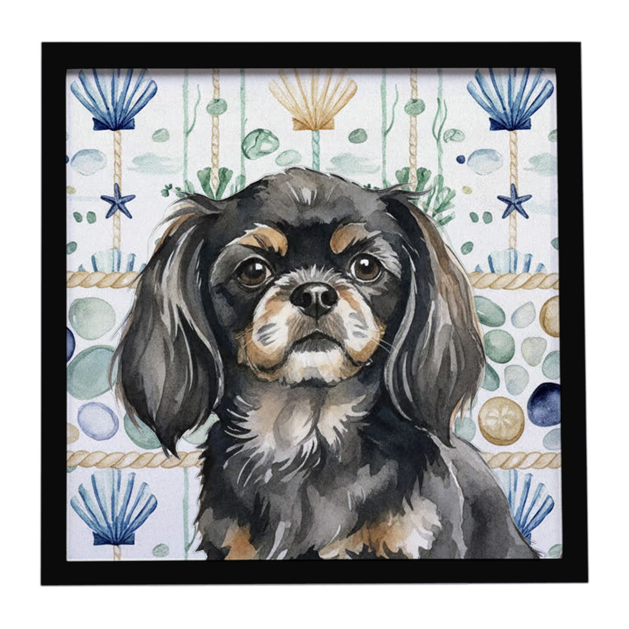 Black and Tan Tibetan Spaniel Coastal Sea Glass Framed Metal Print Bathroom, Kitchen, Office, Home Decor Wall Art Ready to Hang,