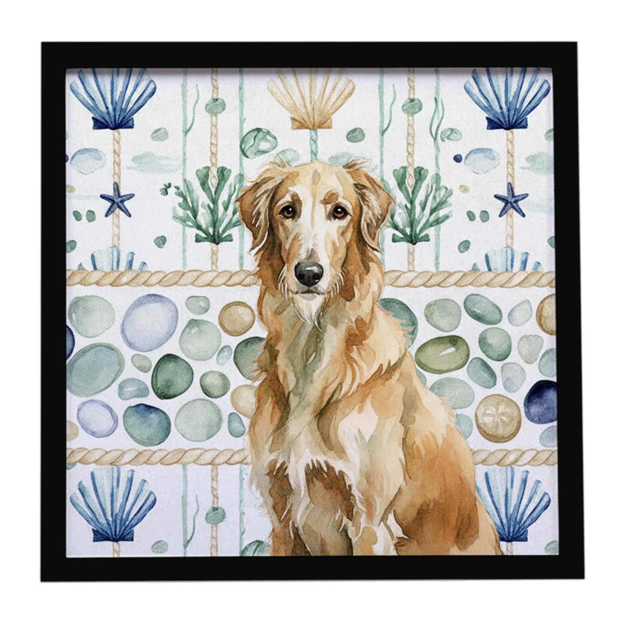 Wheaten Scottish Deerhound Coastal Sea Glass Framed Metal Print Bathroom, Kitchen, Office, Home Decor Wall Art Ready to Hang, Sq