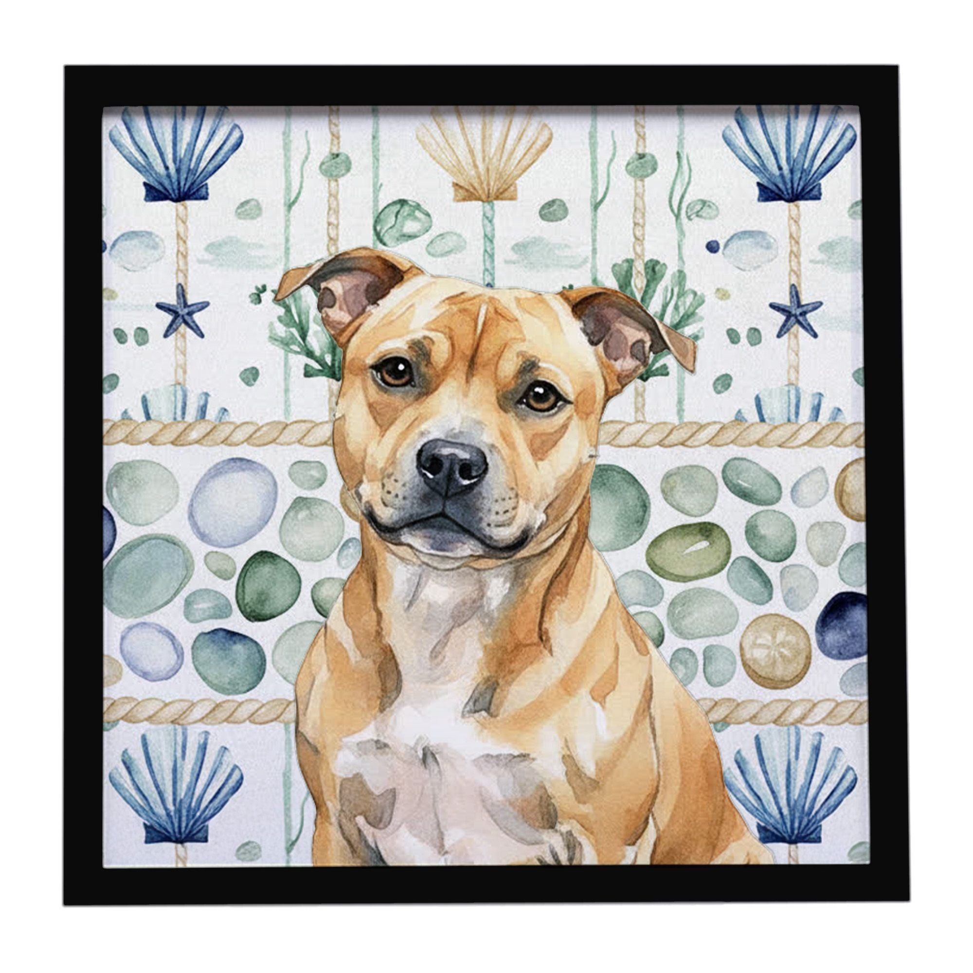 Fawn Staffordshire Bull Terrier Coastal Sea Glass Framed Metal Print Bathroom, Kitchen, Office, Home Decor Wall Art Ready to Han