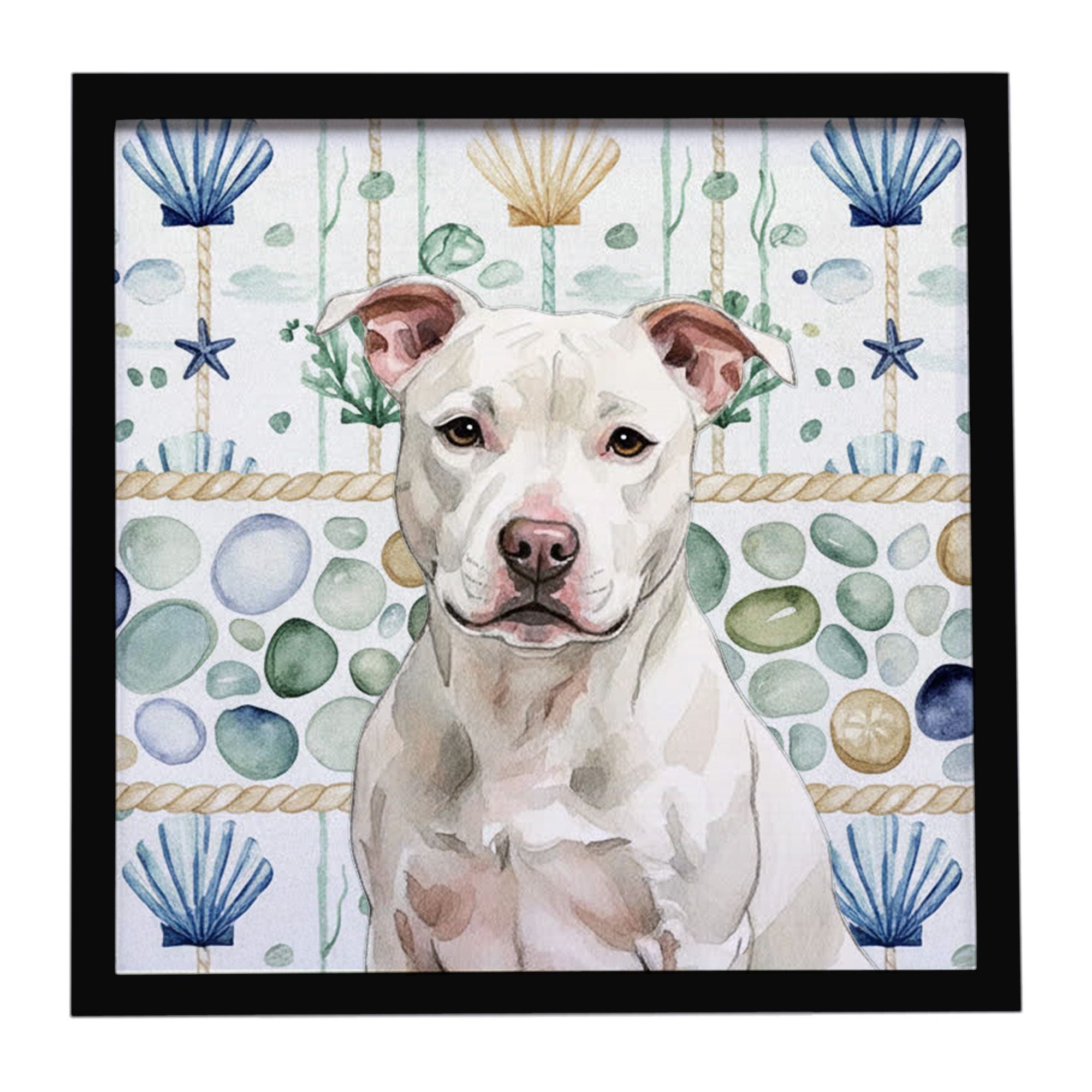 White Staffordshire Bull Terrier Coastal Sea Glass Framed Metal Print Bathroom, Kitchen, Office, Home Decor Wall Art Ready to Ha