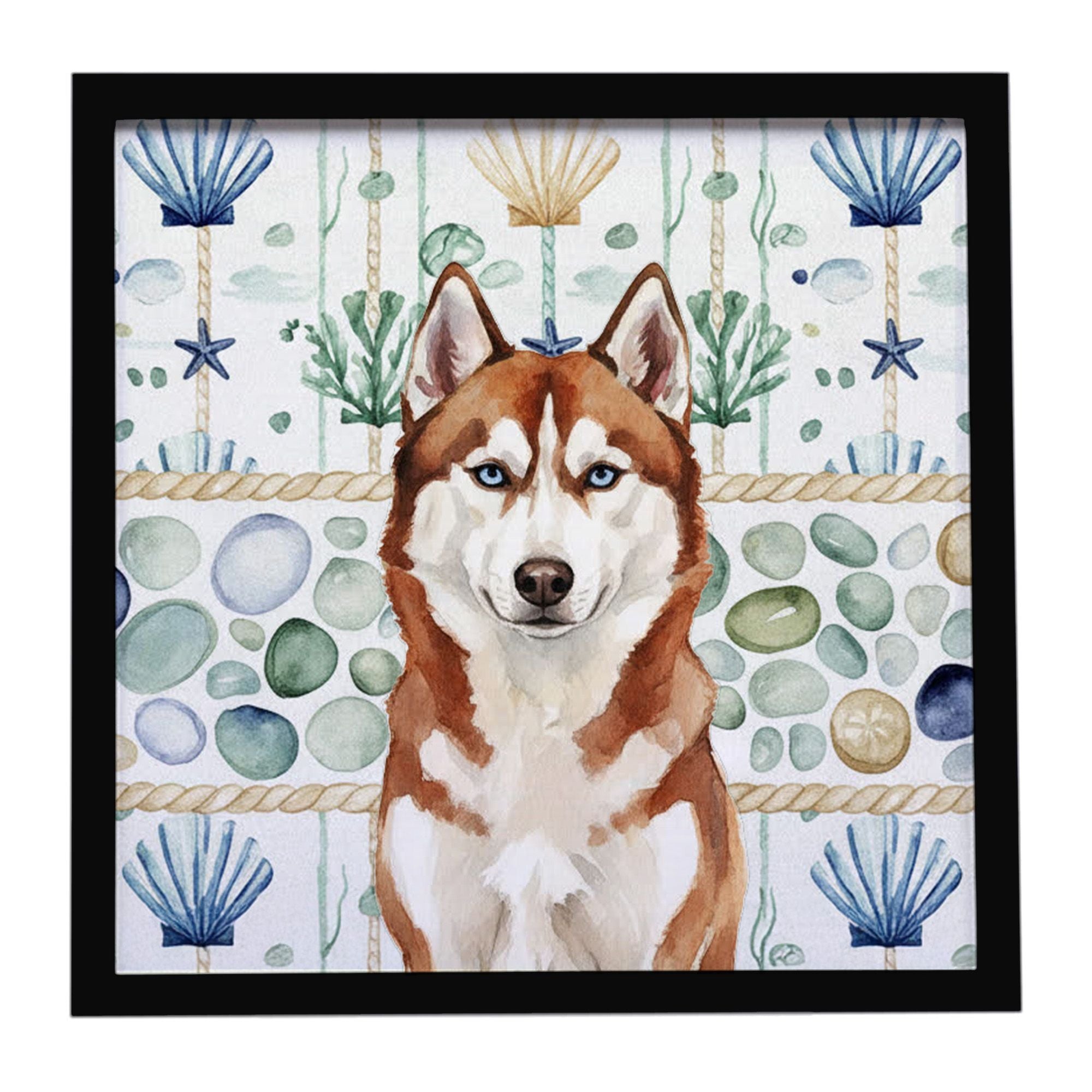 Red and White Siberian Husky Coastal Sea Glass Framed Metal Print Bathroom, Kitchen, Office, Home Decor Wall Art Ready to Hang, 