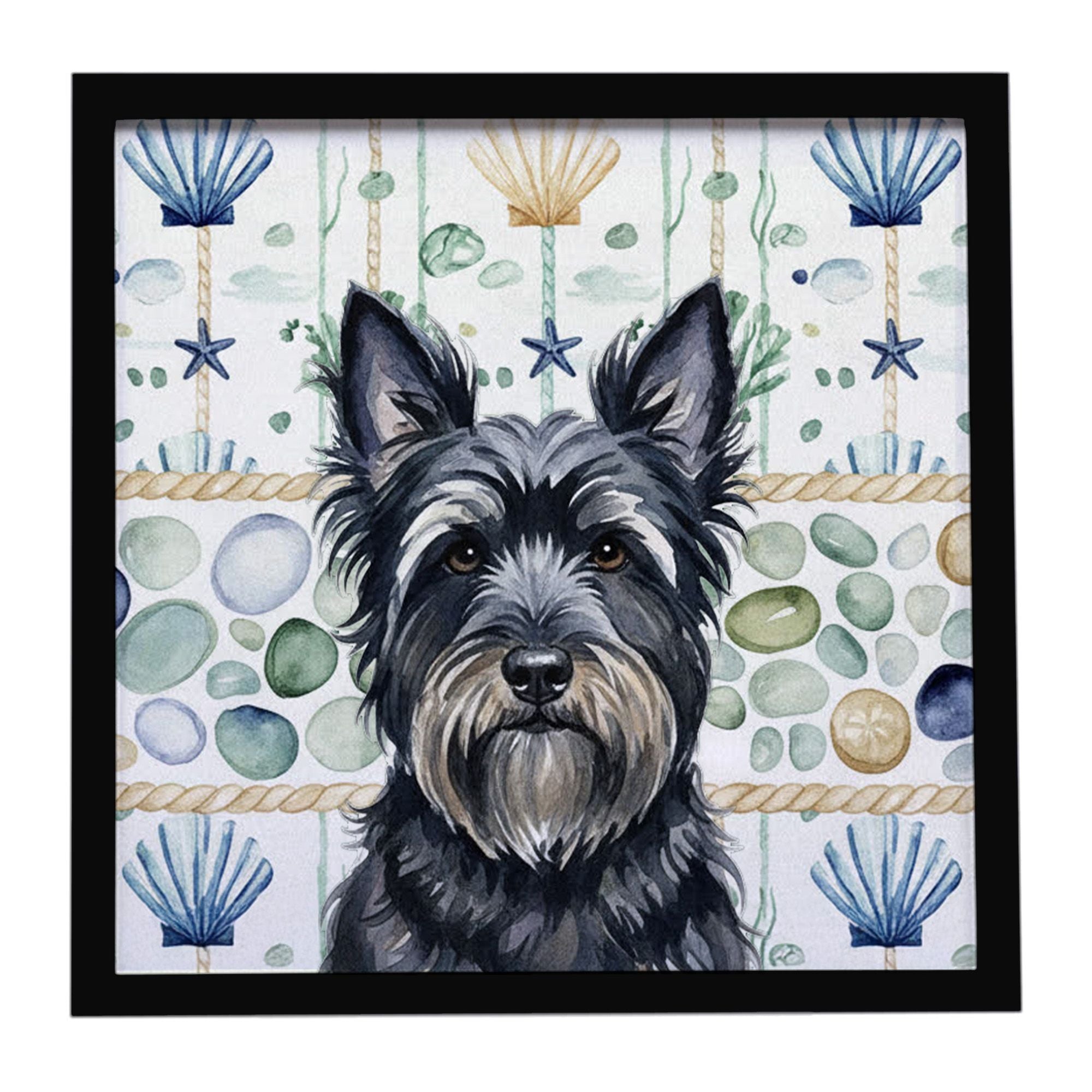 Black Skye Terrier Coastal Sea Glass Framed Metal Print Bathroom, Kitchen, Office, Home Decor Wall Art Ready to Hang, Square, 8X