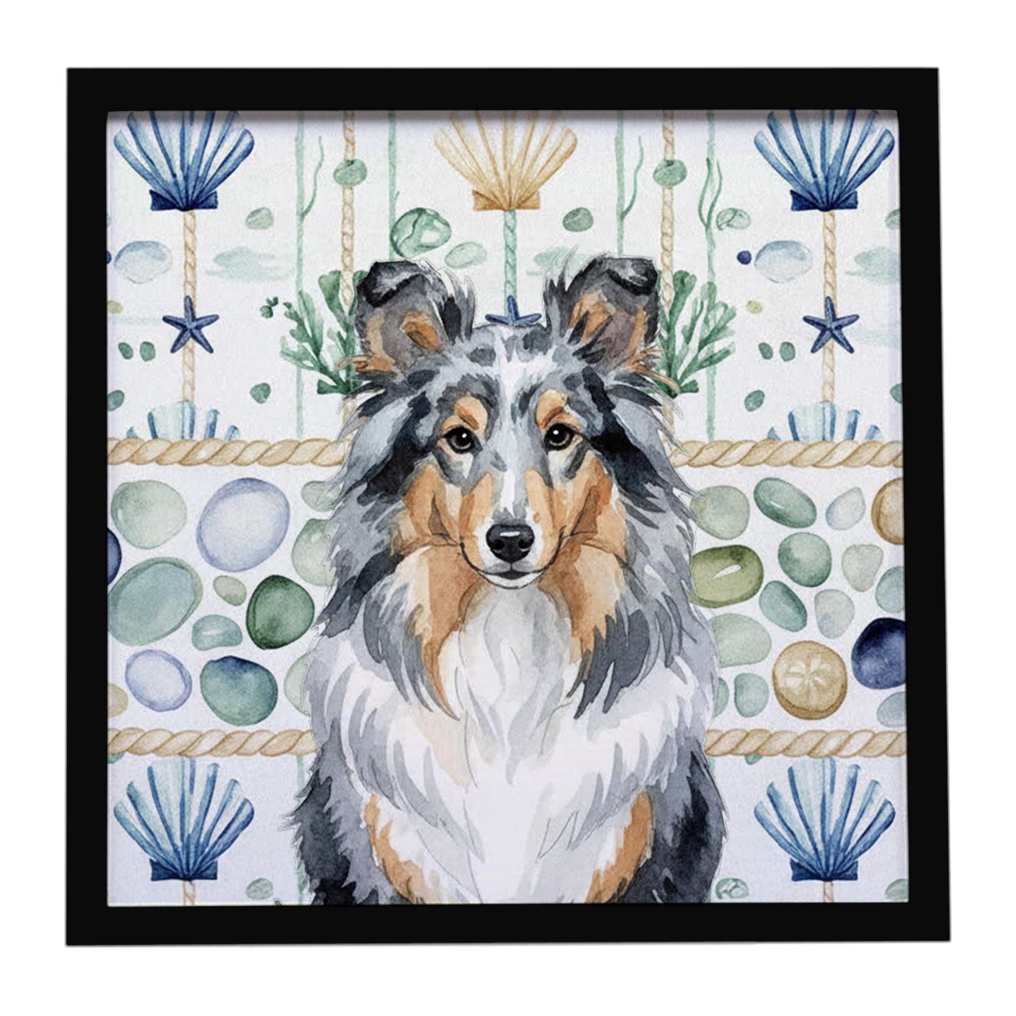 Blue Merle Sheltie Coastal Sea Glass Framed Metal Print Bathroom, Kitchen, Office, Home Decor Wall Art Ready to Hang, Square, 8X