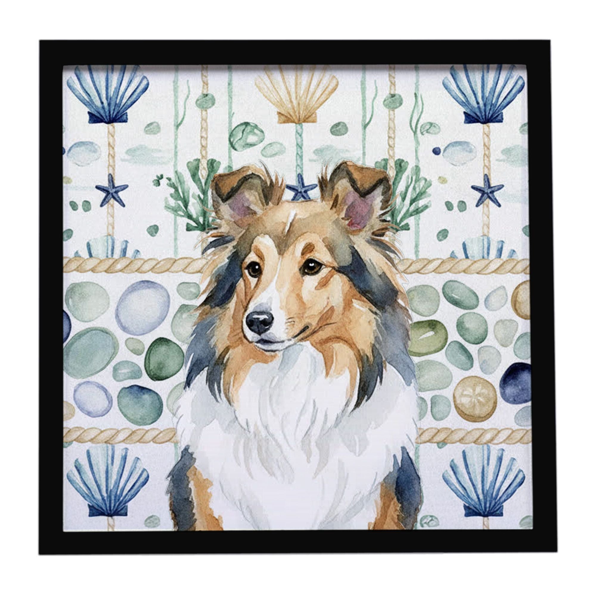 Sable Sheltie Coastal Sea Glass Framed Metal Print Bathroom, Kitchen, Office, Home Decor Wall Art Ready to Hang, Square, 8X8