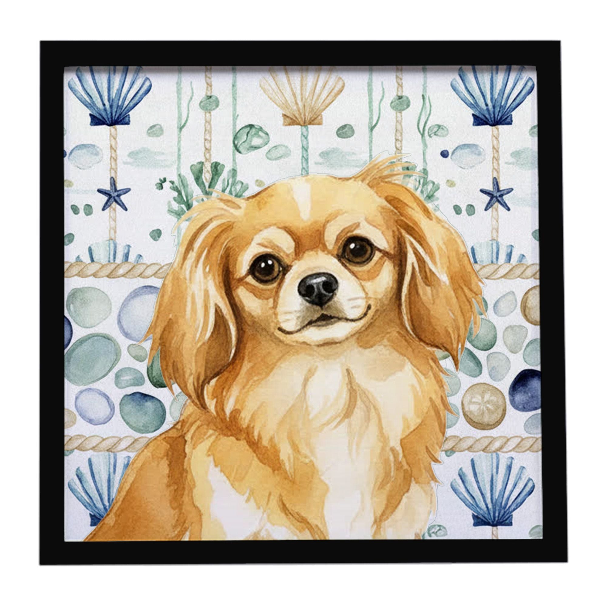 Gold Tibetan Spaniel Coastal Sea Glass Framed Metal Print Bathroom, Kitchen, Office, Home Decor Wall Art Ready to Hang, Square, 