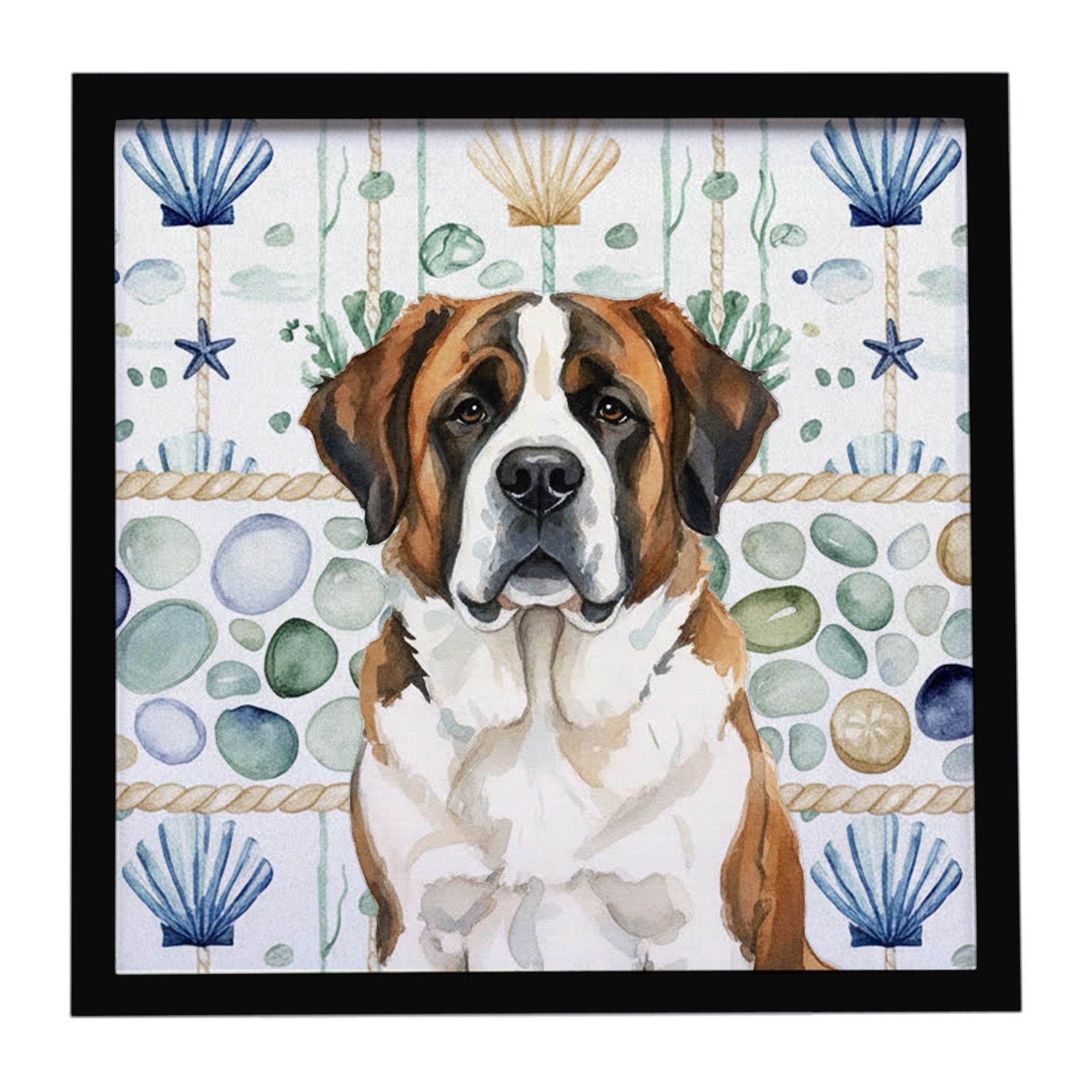 Brindle and White Saint Bernard Coastal Sea Glass Framed Metal Print Bathroom, Kitchen, Office, Home Decor Wall Art Ready to Han