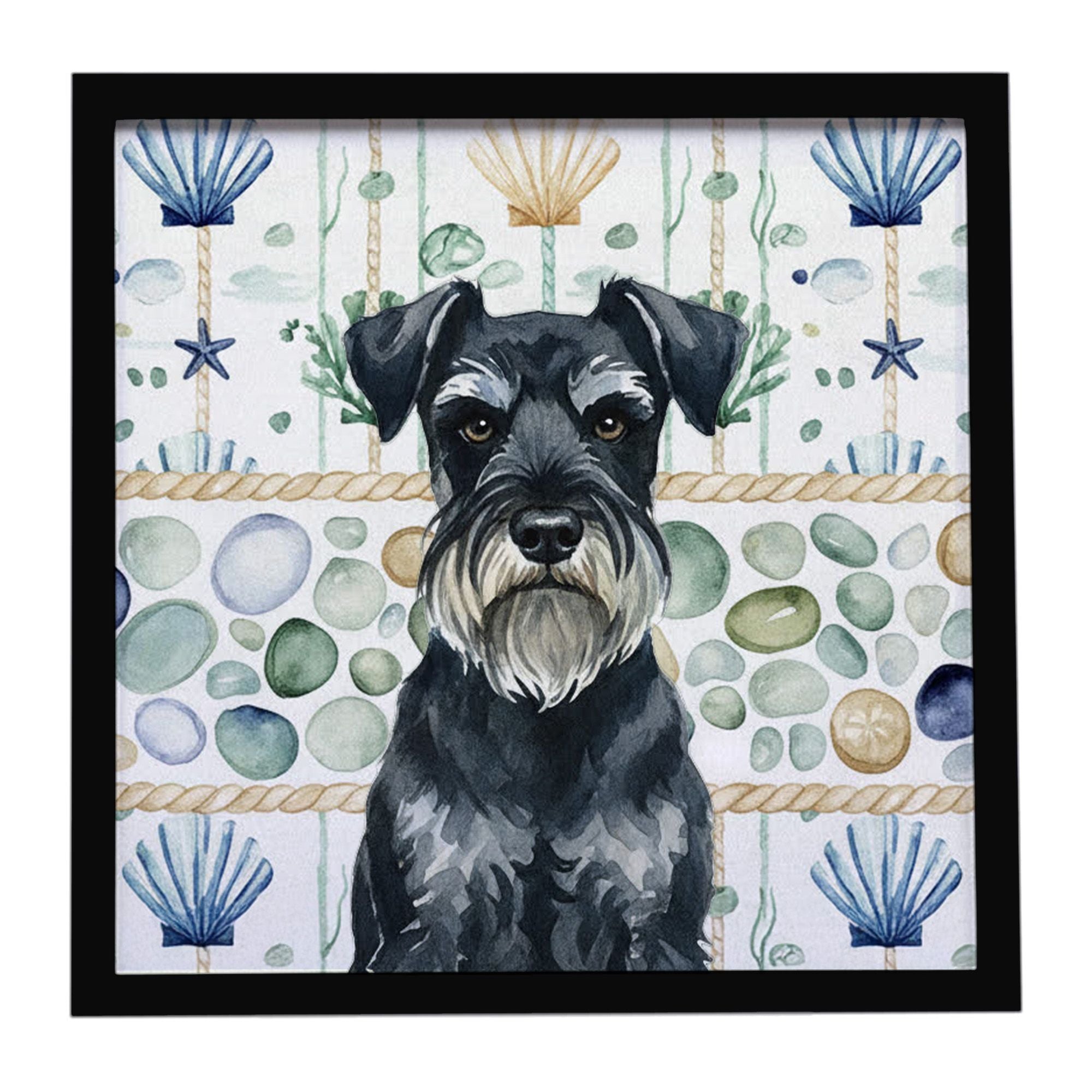 Standard Schnauzer Coastal Sea Glass Framed Metal Print Bathroom, Kitchen, Office, Home Decor Wall Art Ready to Hang, Square, 8X
