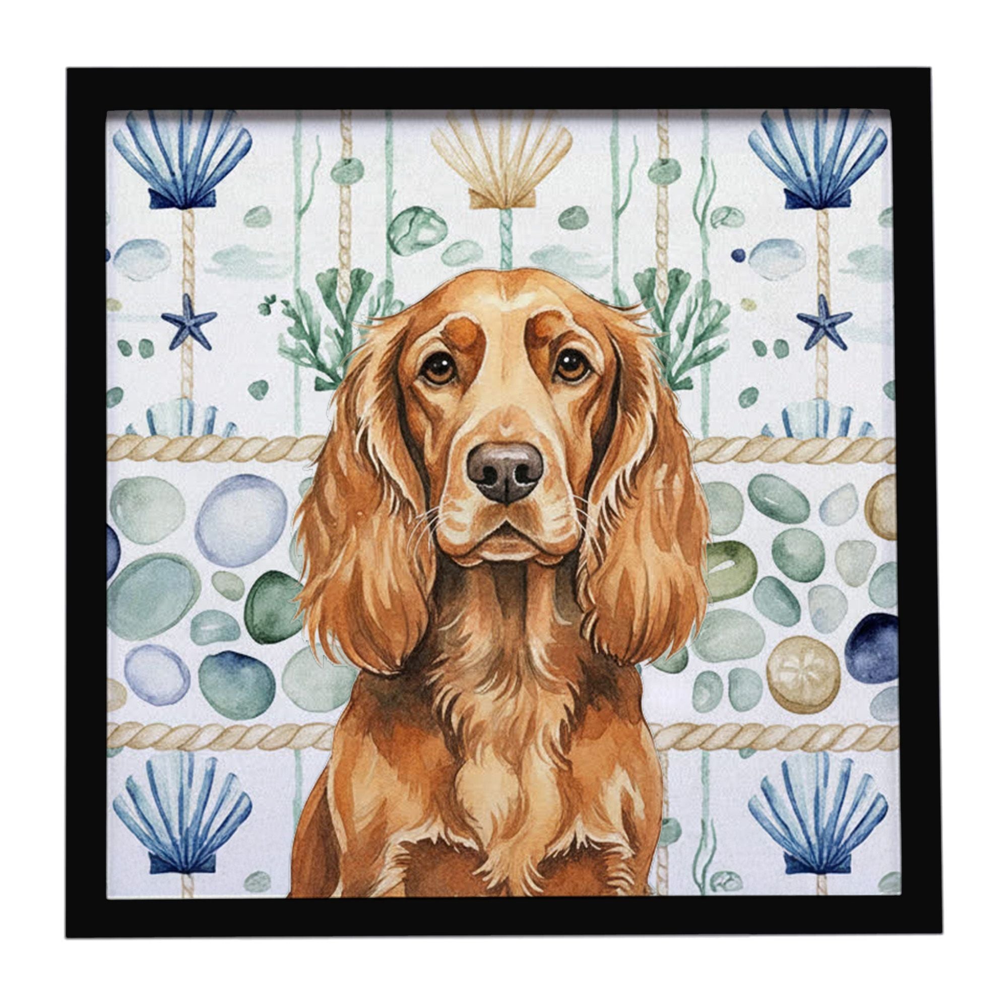 Sussex Spaniel Coastal Sea Glass Framed Metal Print Bathroom, Kitchen, Office, Home Decor Wall Art Ready to Hang, Square, 8X8