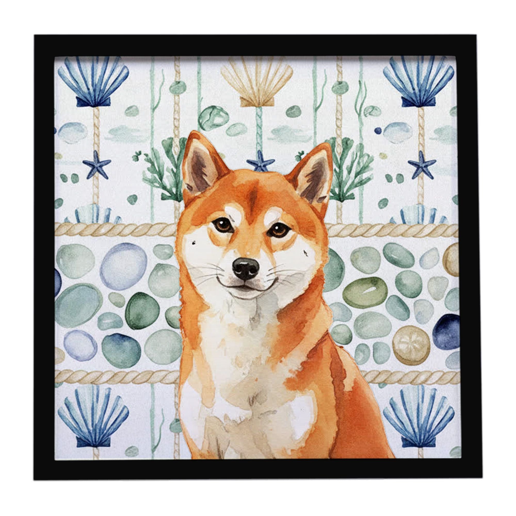 Red Shiba Inu Coastal Sea Glass Framed Metal Print Bathroom, Kitchen, Office, Home Decor Wall Art Ready to Hang, Square, 8X8