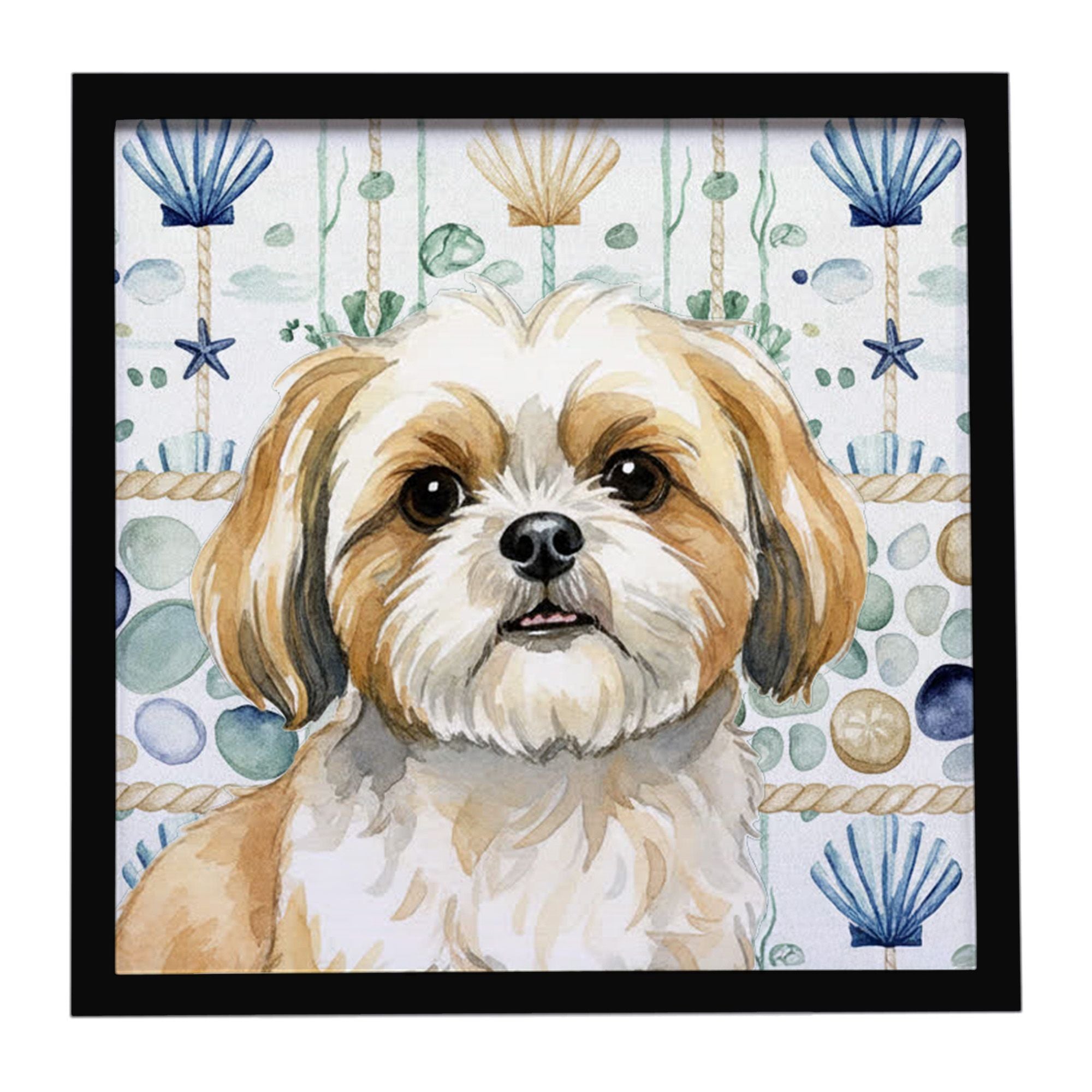 Gold and White Shih Tzu Coastal Sea Glass Framed Metal Print Bathroom, Kitchen, Office, Home Decor Wall Art Ready to Hang, Squar