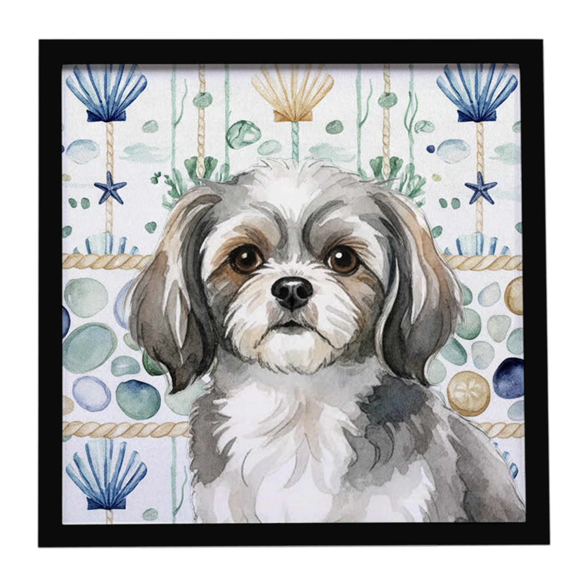 Grey and White Tibetan Spaniel Coastal Sea Glass Framed Metal Print Bathroom, Kitchen, Office, Home Decor Wall Art Ready to Hang