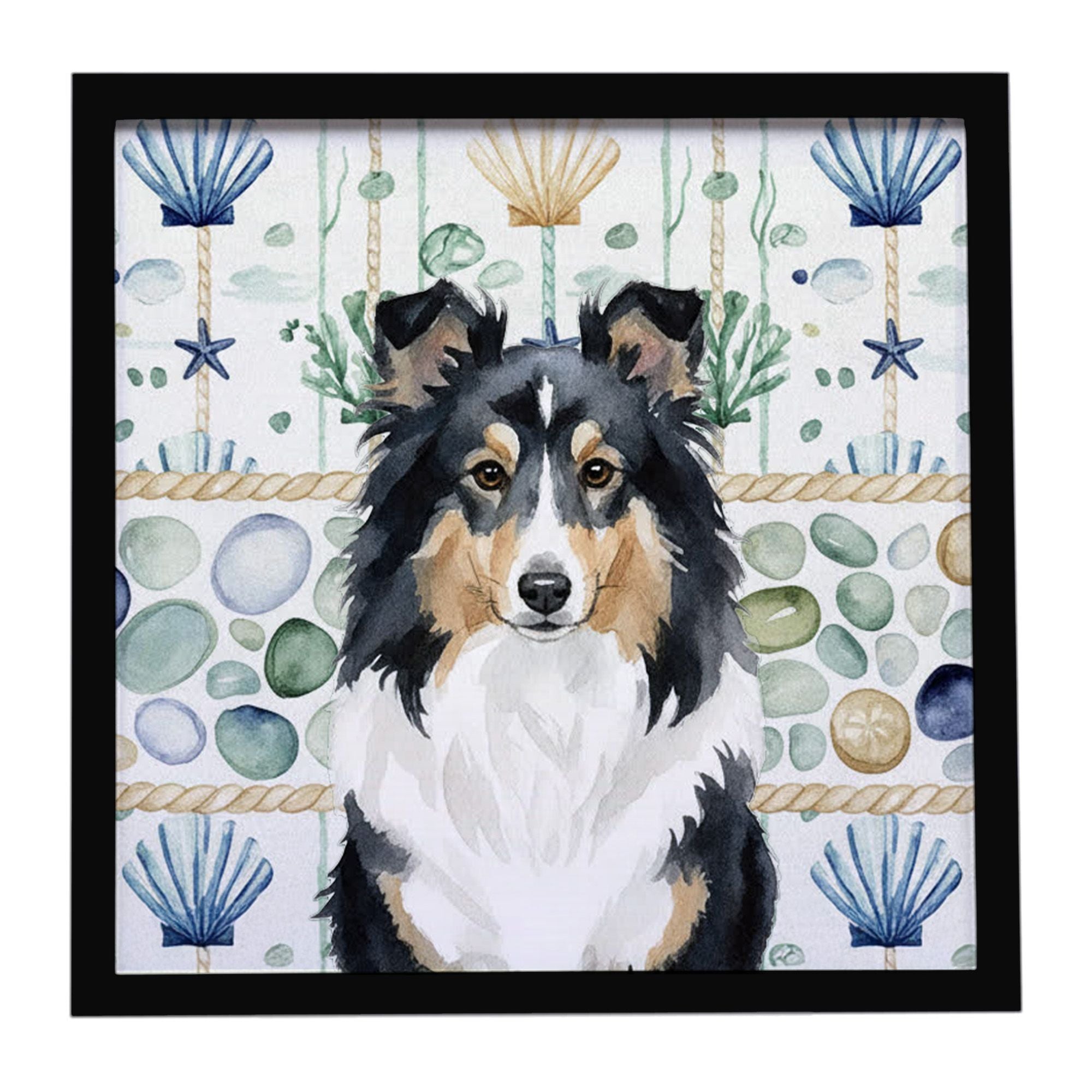 Tricolor Sheltie Coastal Sea Glass Framed Metal Print Bathroom, Kitchen, Office, Home Decor Wall Art Ready to Hang, Square, 8X8