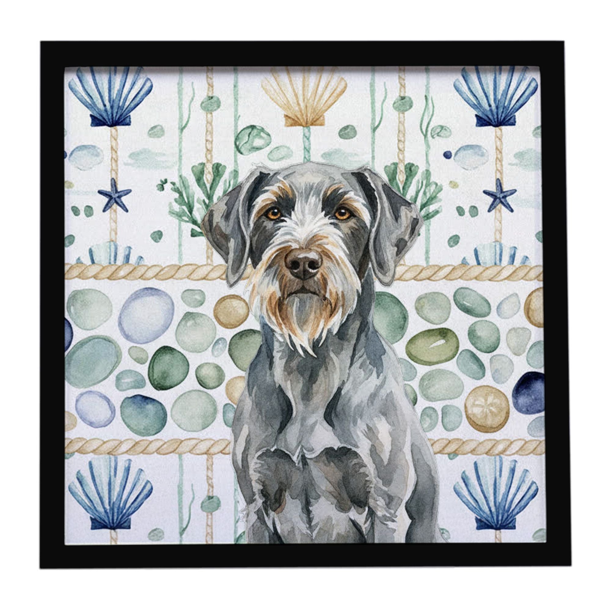 Steel Gray Wirehaired Pointing Griffon Coastal Sea Glass Framed Metal Print Bathroom, Kitchen, Office, Home Decor Wall Art Ready