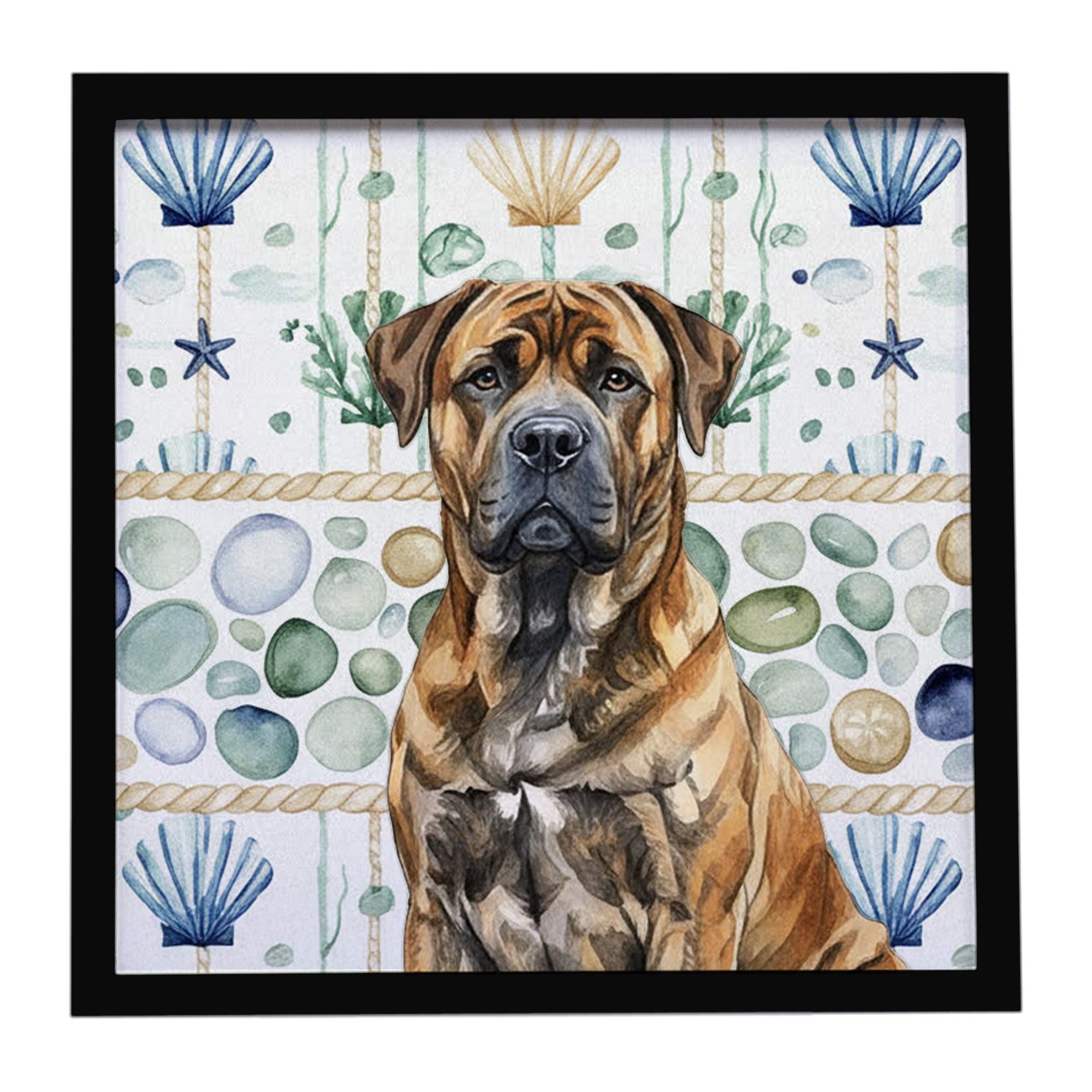 Brindle Boerboel Coastal Sea Glass Framed Metal Print Bathroom, Kitchen, Office, Home Decor Wall Art Ready to Hang, Square, 8X8