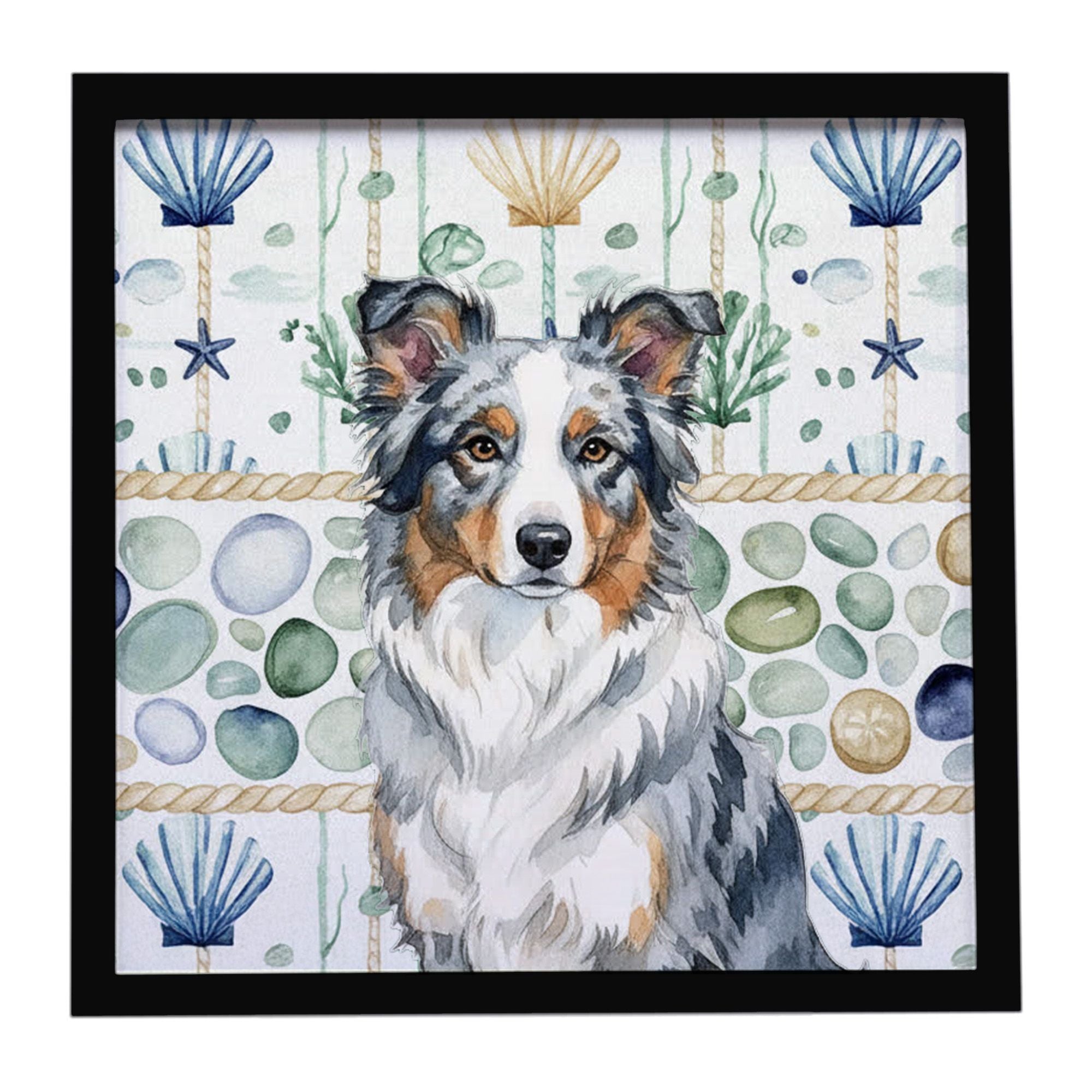 Blue Merle Border Collie Coastal Sea Glass Framed Metal Print Bathroom, Kitchen, Office, Home Decor Wall Art Ready to Hang, Squa