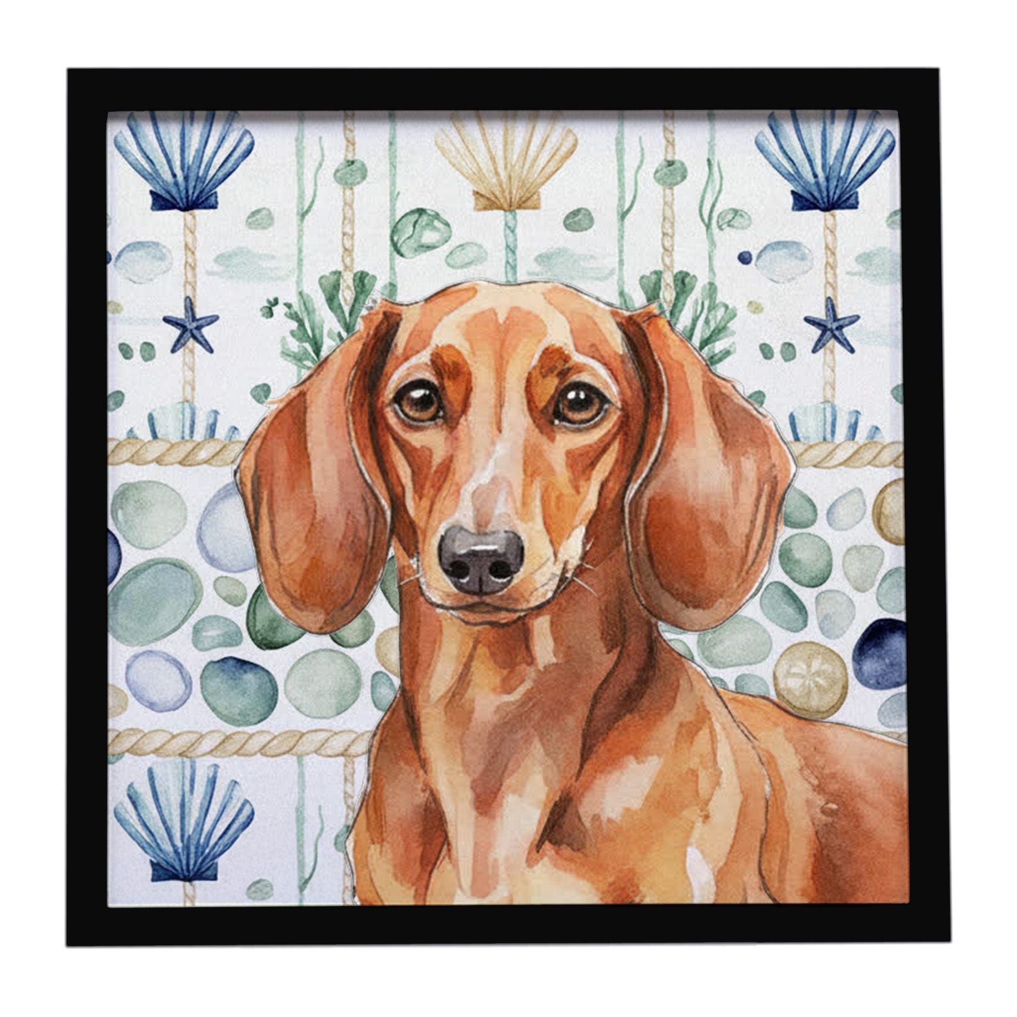 Red Brown Dachshund Coastal Sea Glass Framed Metal Print Bathroom, Kitchen, Office, Home Decor Wall Art Ready to Hang, Square, 8