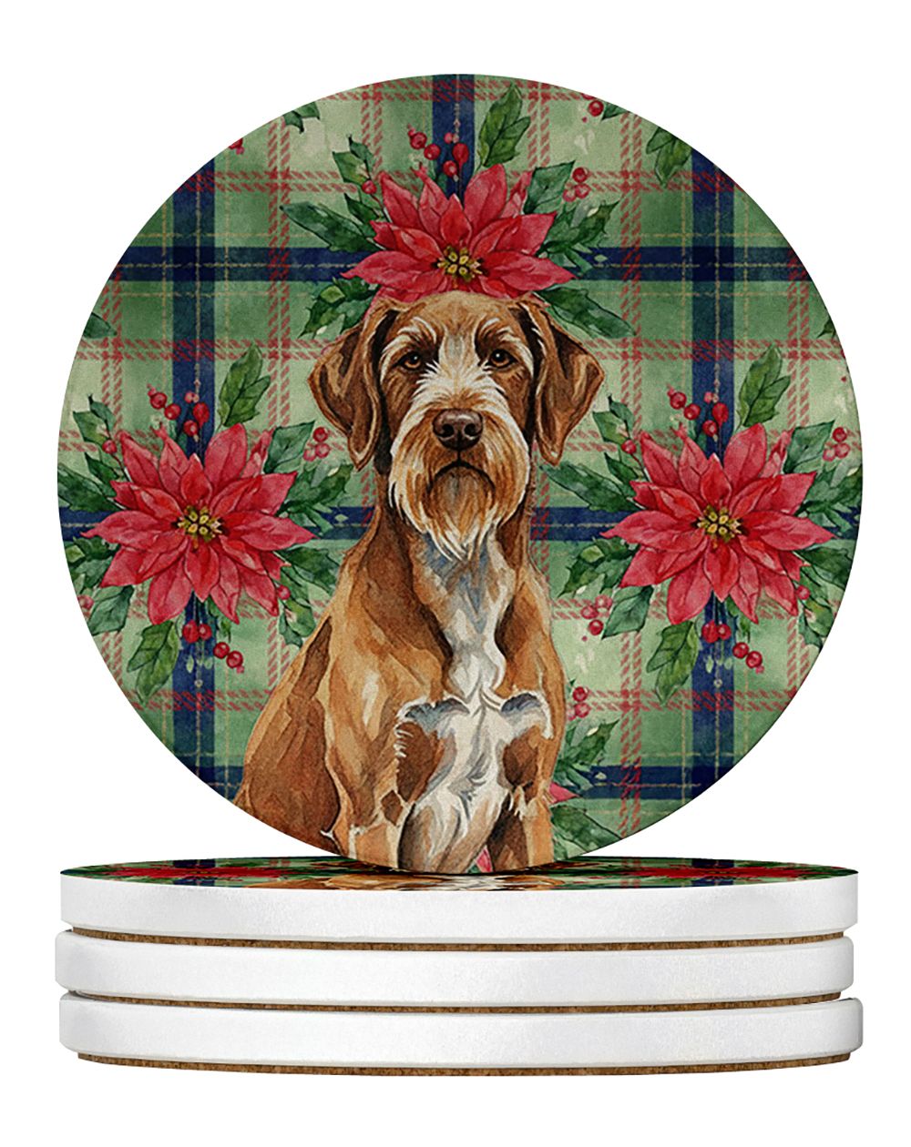 Wirehaired Pointing Griffon Christmas PoinsettIas Large Sandstone Coasters Pack of 4 Absorbent Round Coasters Decor Gifts for Me