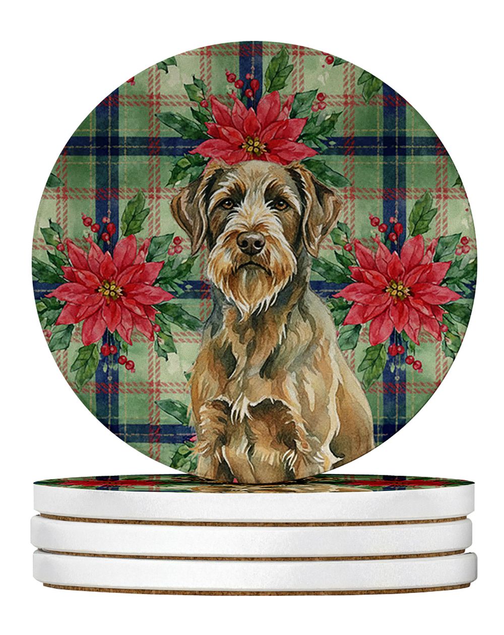 Chestnut Wirehaired Pointing Griffon Christmas PoinsettIas Large Sandstone Coasters Pack of 4 Absorbent Round Coasters Decor Gif
