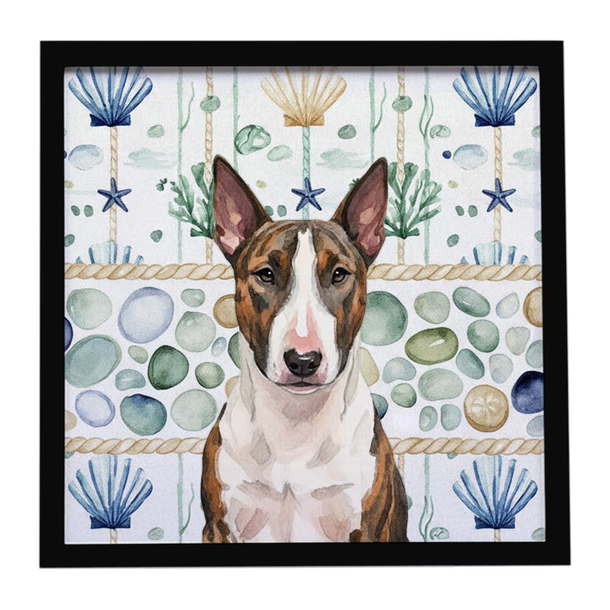 Brindle and White Bull Terrier Coastal Sea Glass Framed Metal Print Bathroom, Kitchen, Office, Home Decor Wall Art Ready to Hang